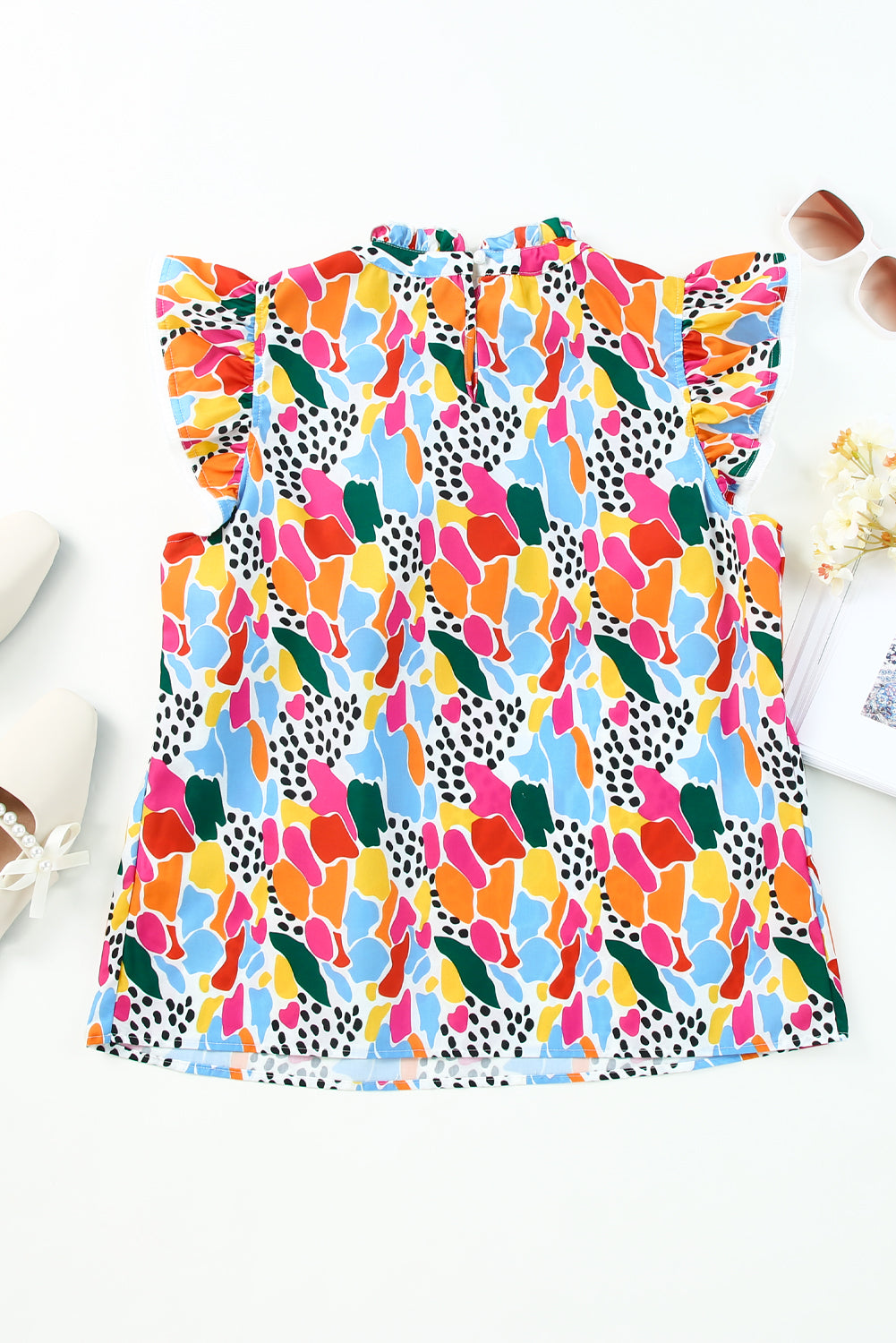 Pink Multicolor Abstract Print High Neck Flutter Sleeves Top