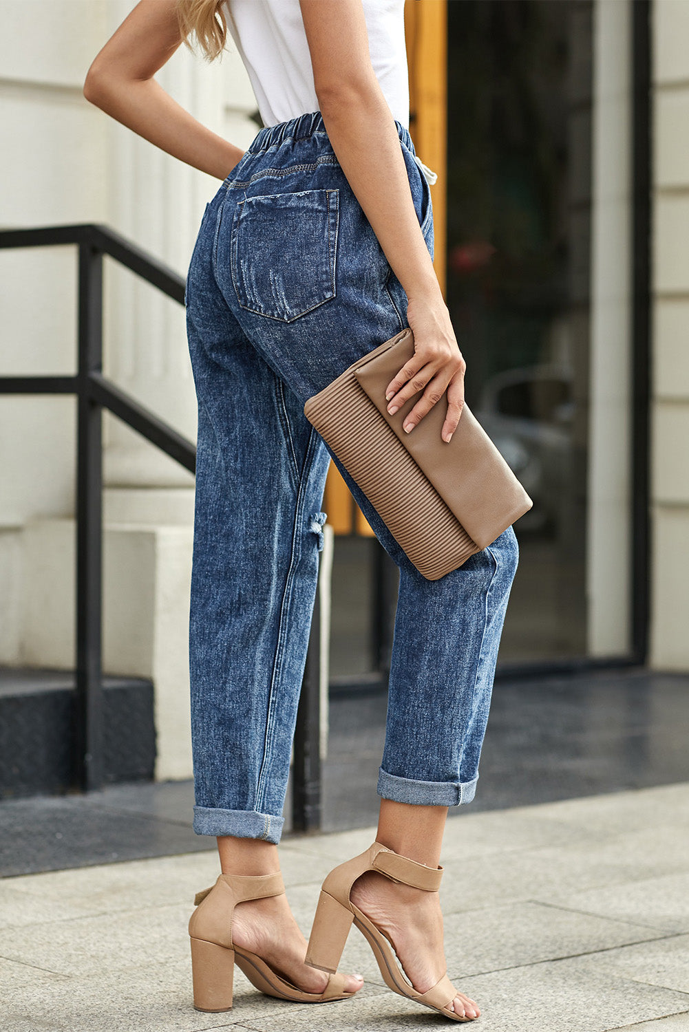 Sky Blue Gather Round Distressed Pocketed Denim Jogger