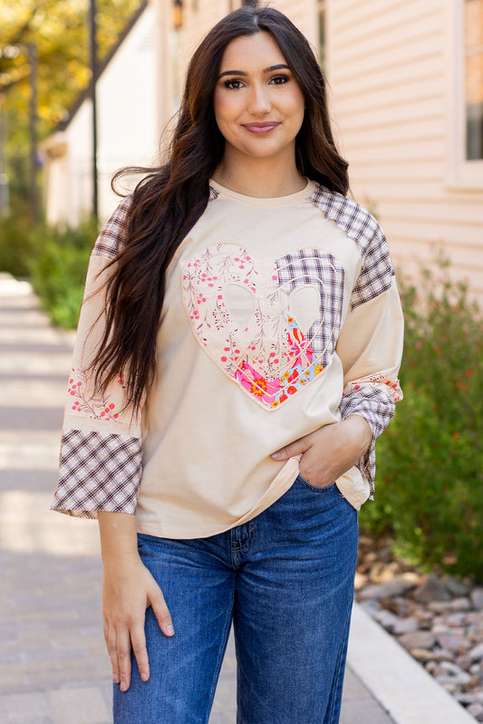 Clearly Aqua Plaid Floral Peace Heart Graphic Wide Long Sleeve Top