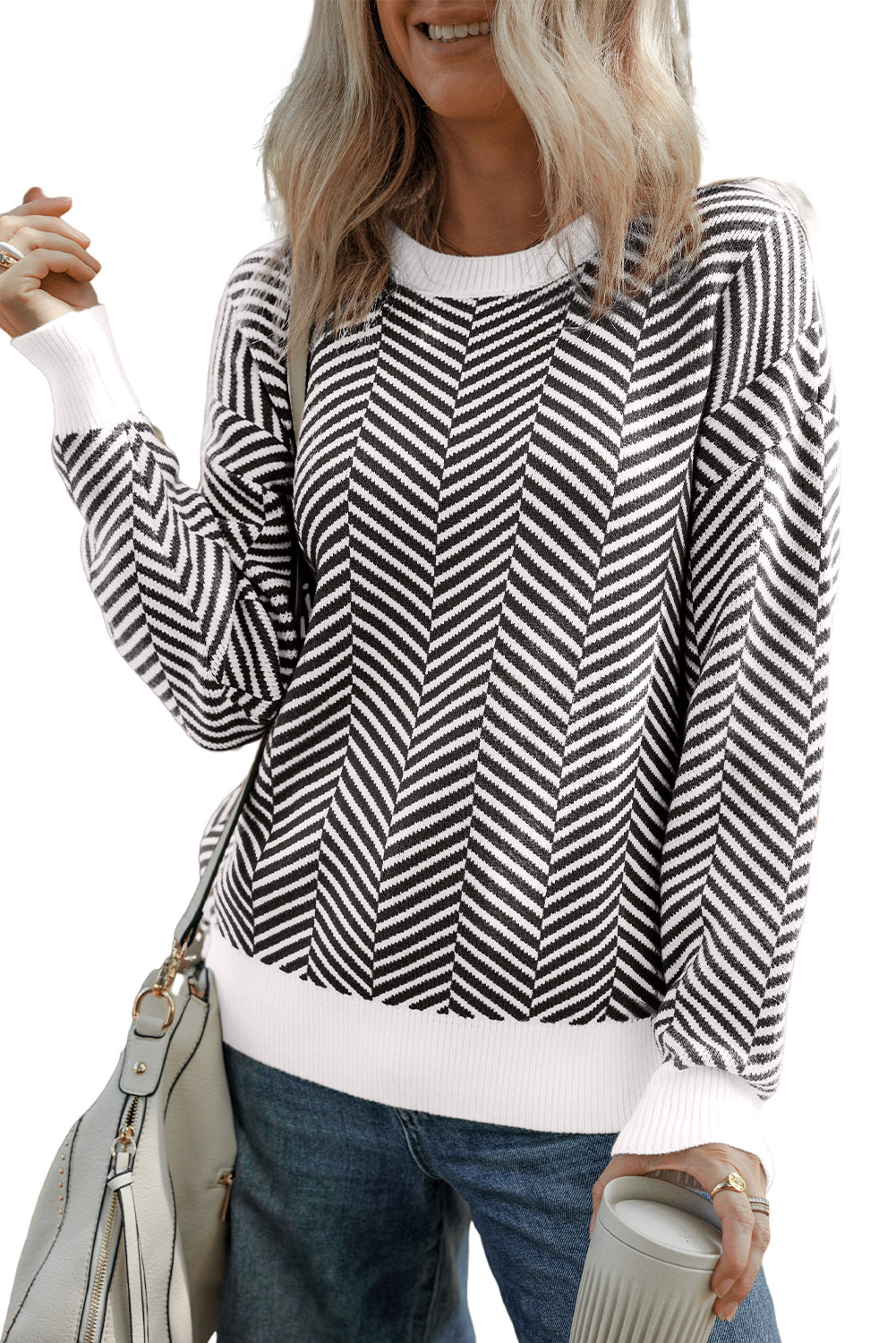 Coffee Contrast Edge Crew Neck Drop Shoulder Sweater