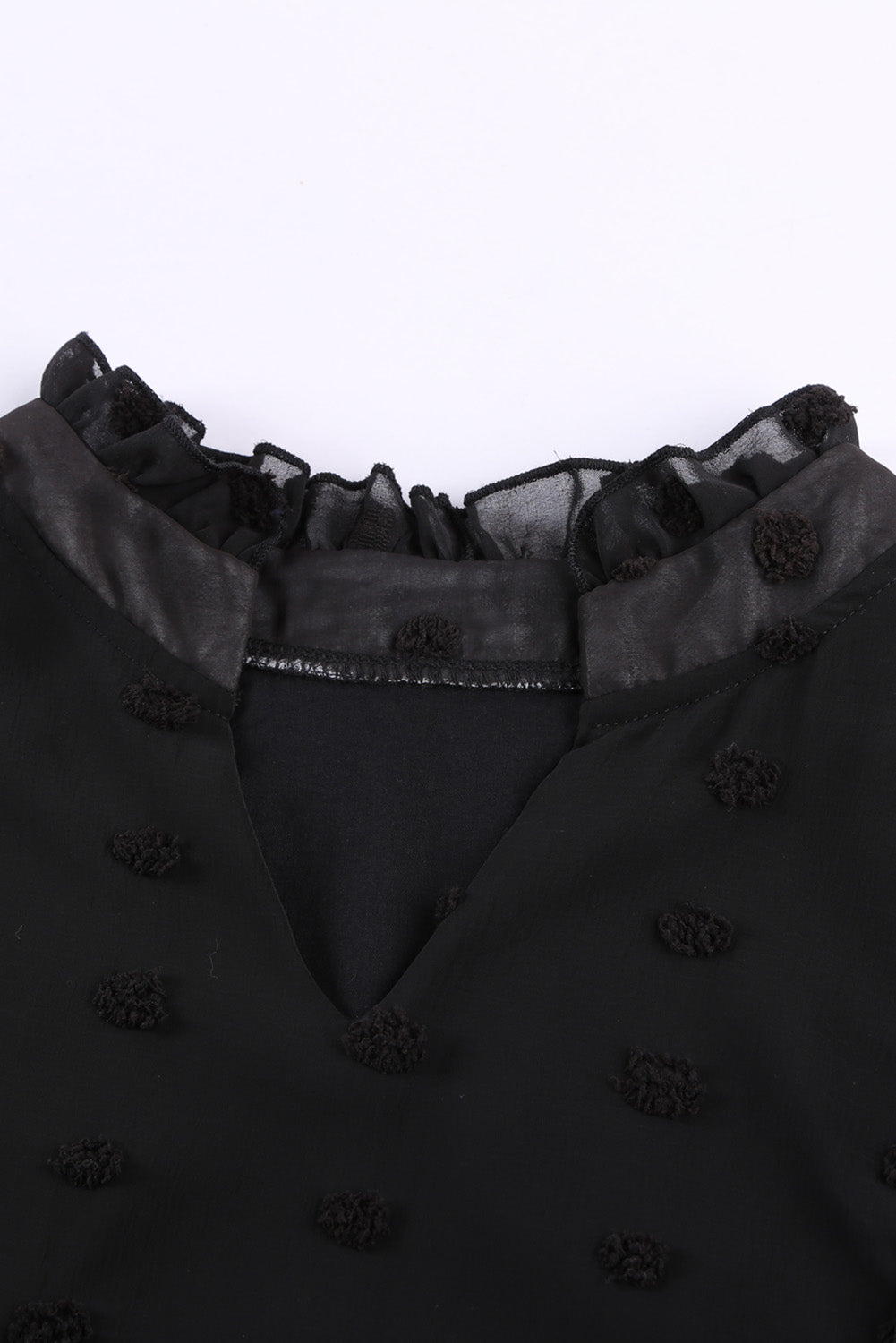 Blue Ruffled Split Neck Lace Hollow Out Puff Sleeve Polka Dot Blouse