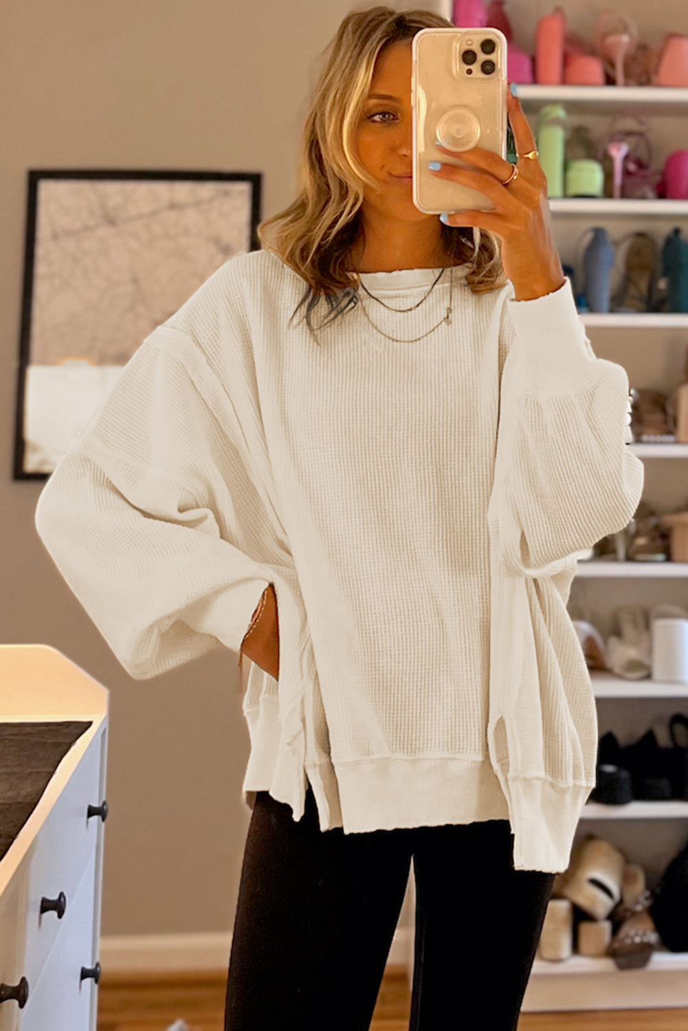 Gray Waffle knit Bishop Sleeve Split Oversized Top