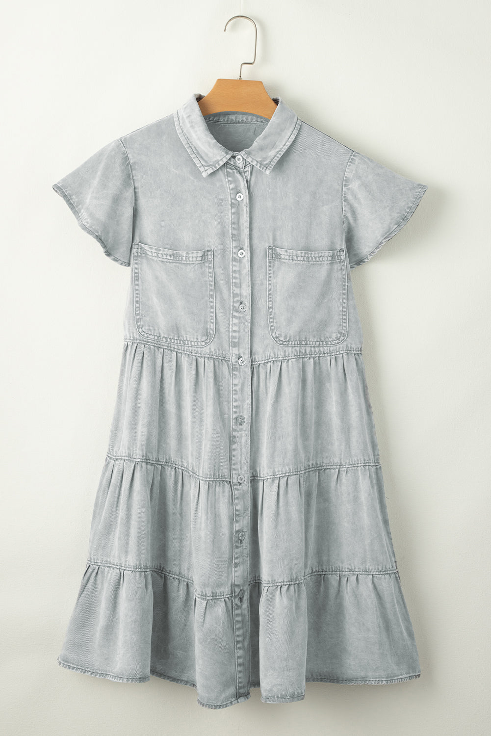 Bonbon Mineral Washed Ruffle Sleeve Tiered Chambray Dress