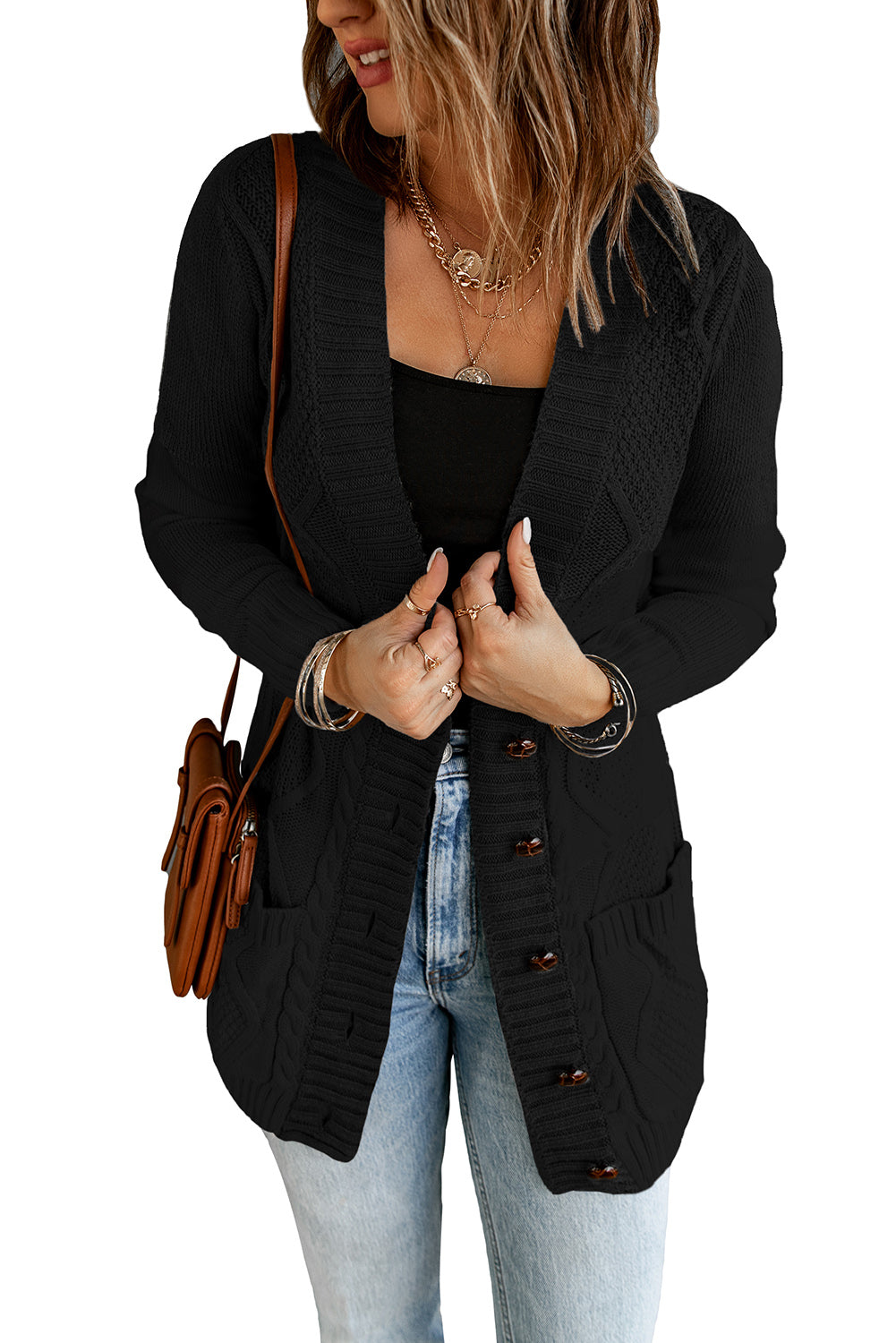 Blue Front Pocket and Buttons Closure Cardigan