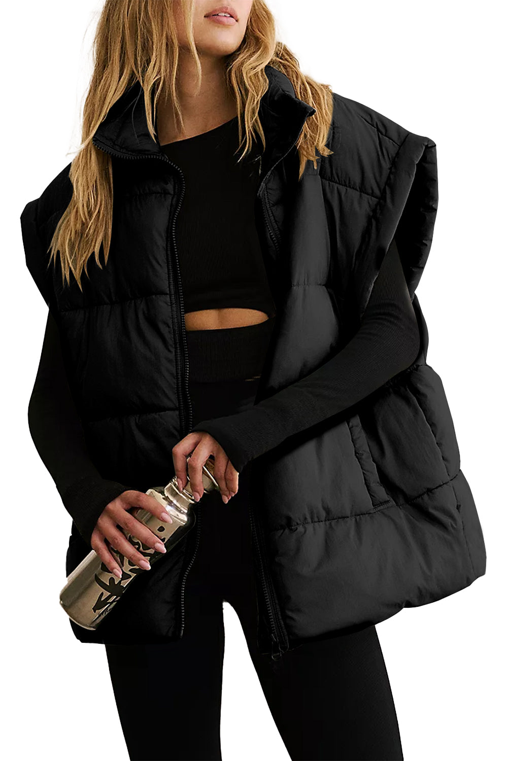 Beige  Zipper Stand Neck Oversized Puffer Vest