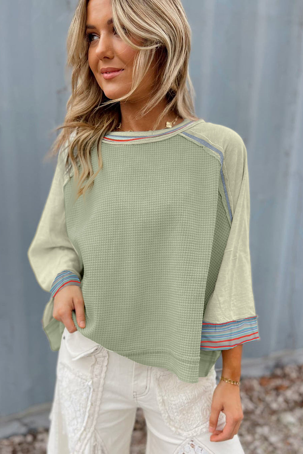 Grapefruit Orange Waffle Knit Wide Bracelet Sleeve Patchwork Raglan Top