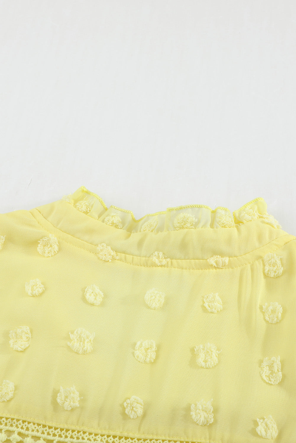 Blue Ruffled Split Neck Lace Hollow Out Puff Sleeve Polka Dot Blouse