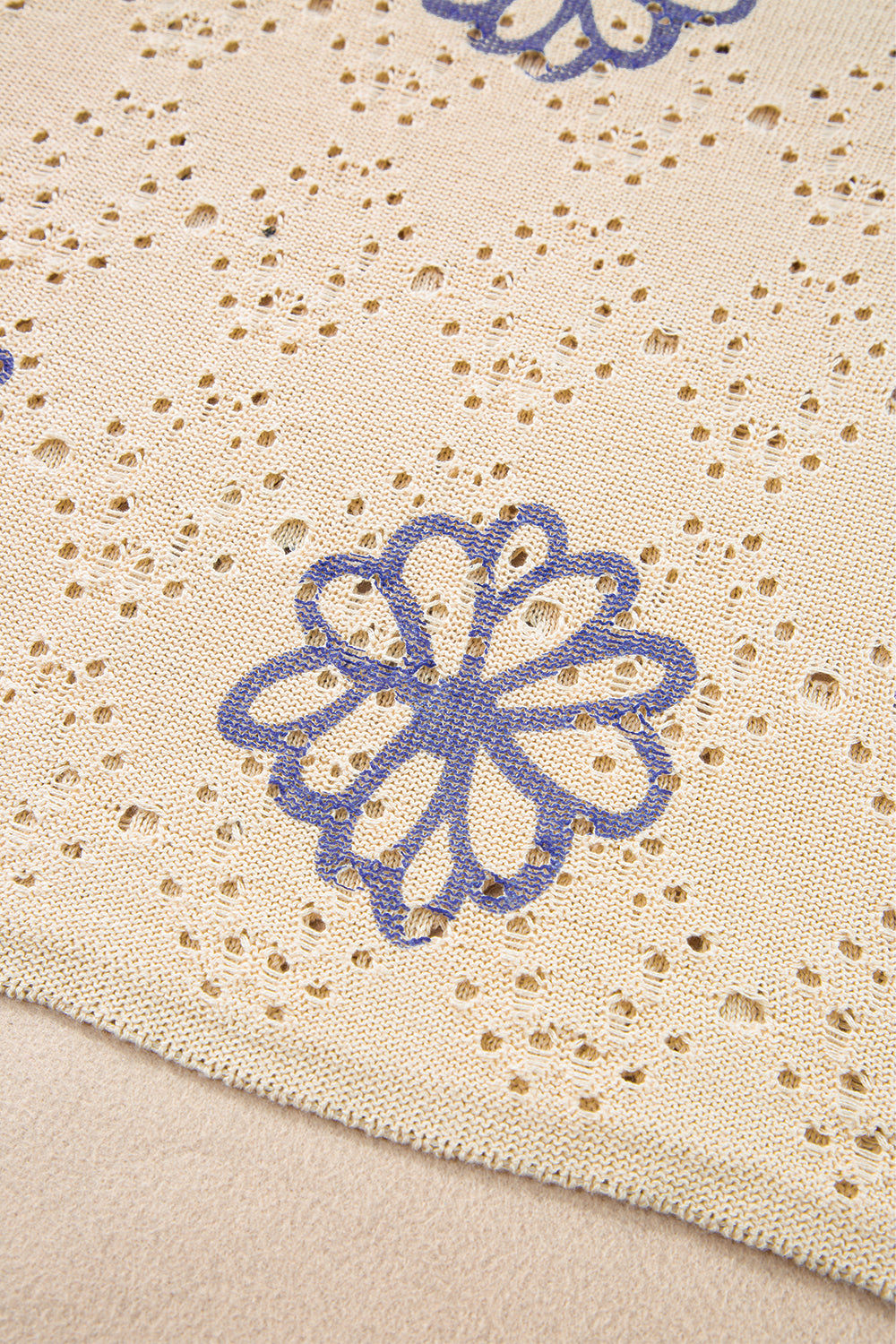 White Contrast Flower Print Eyelet Drop Shoulder Sweater