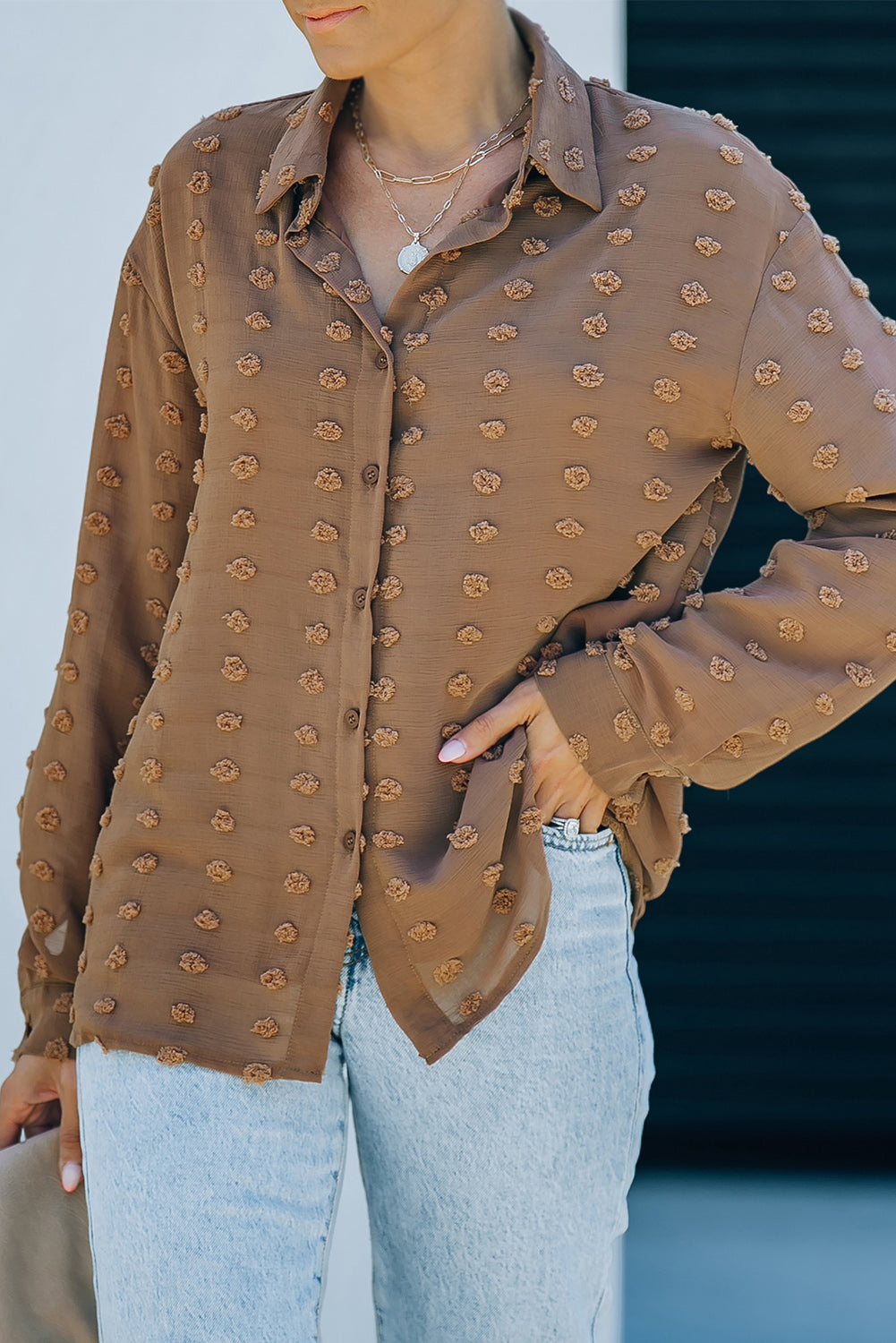 Gray Long Sleeve Button Fuzzy Polka Dot Shirt