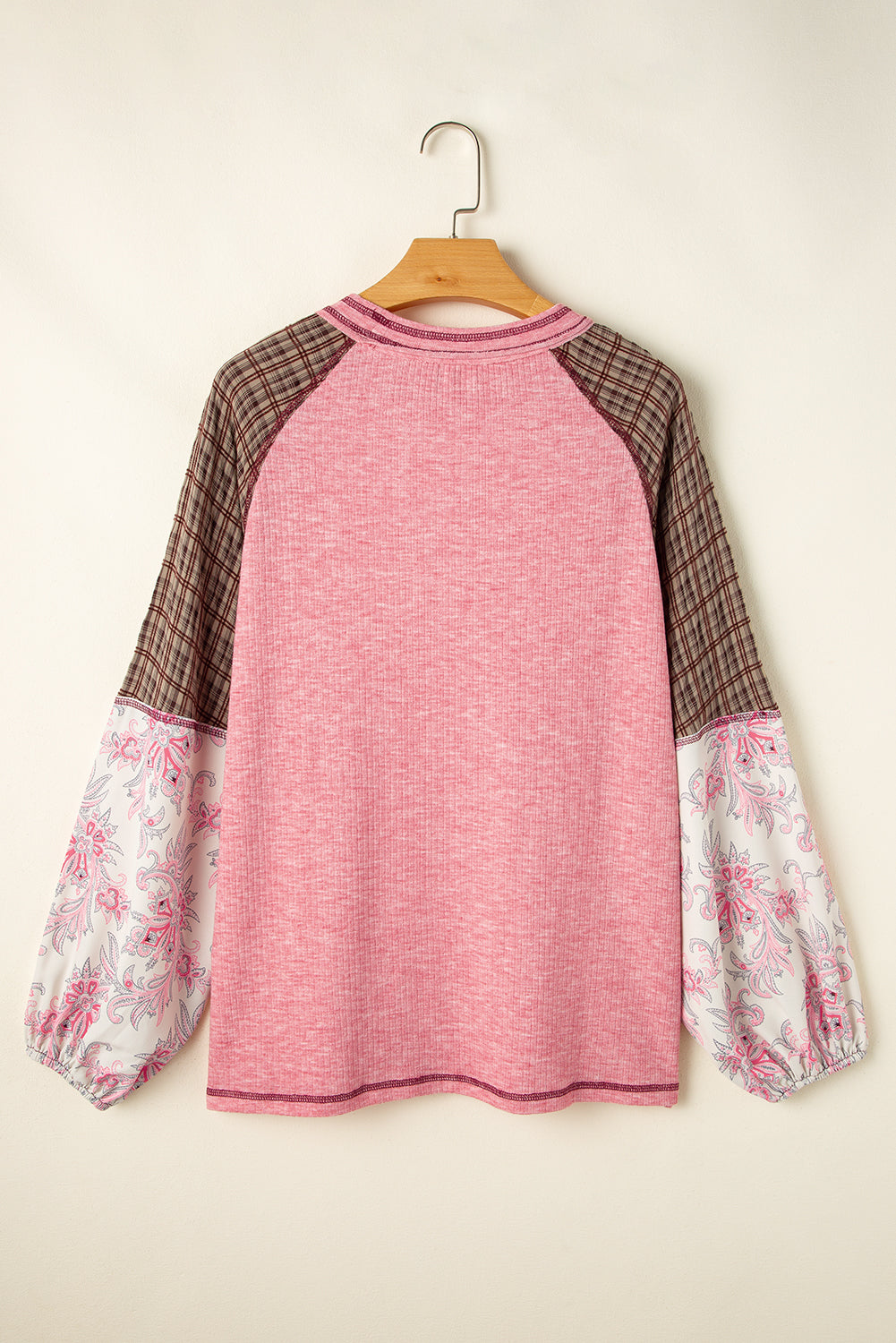 Jet Stream Mixed Print Raglan Sleeve Ribbed Knit Patchwork Blouse
