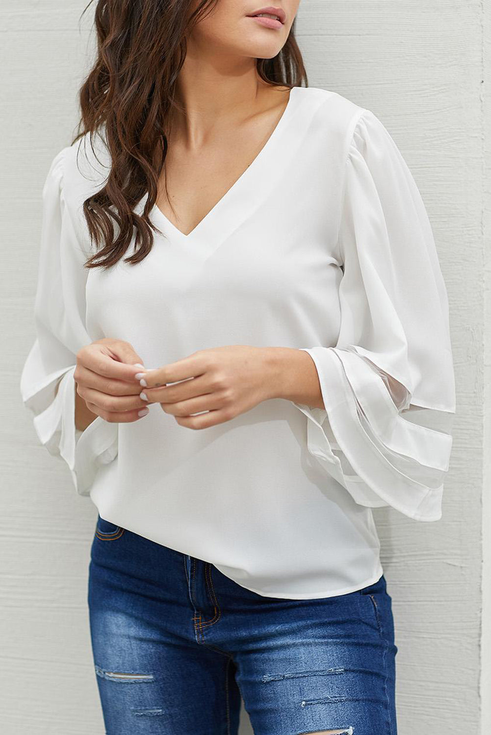 Green Flare Sleeve V Neck Loose Blouse