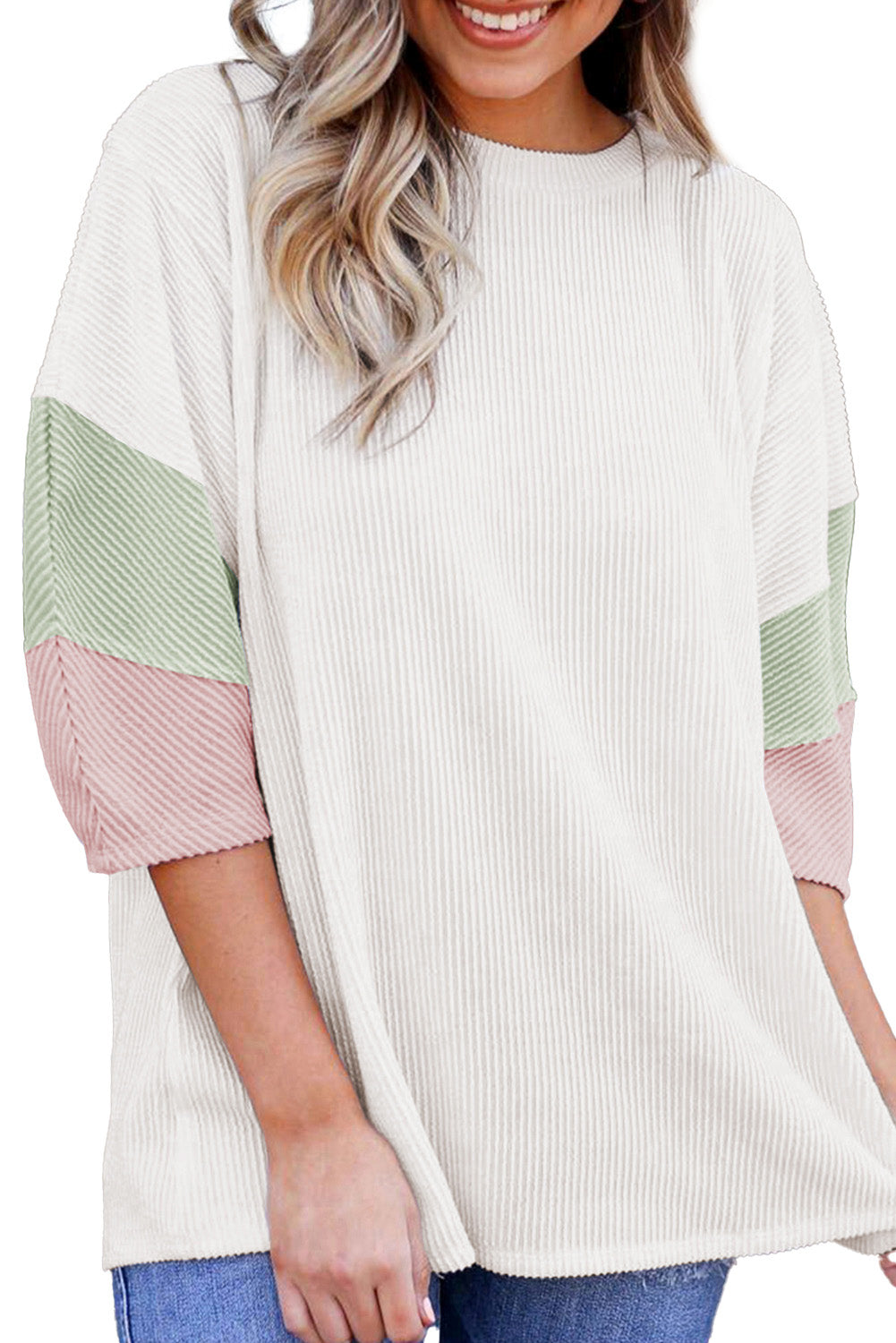 Carbon Grey Color Block Ribbed Knit Quarter Sleeve Top