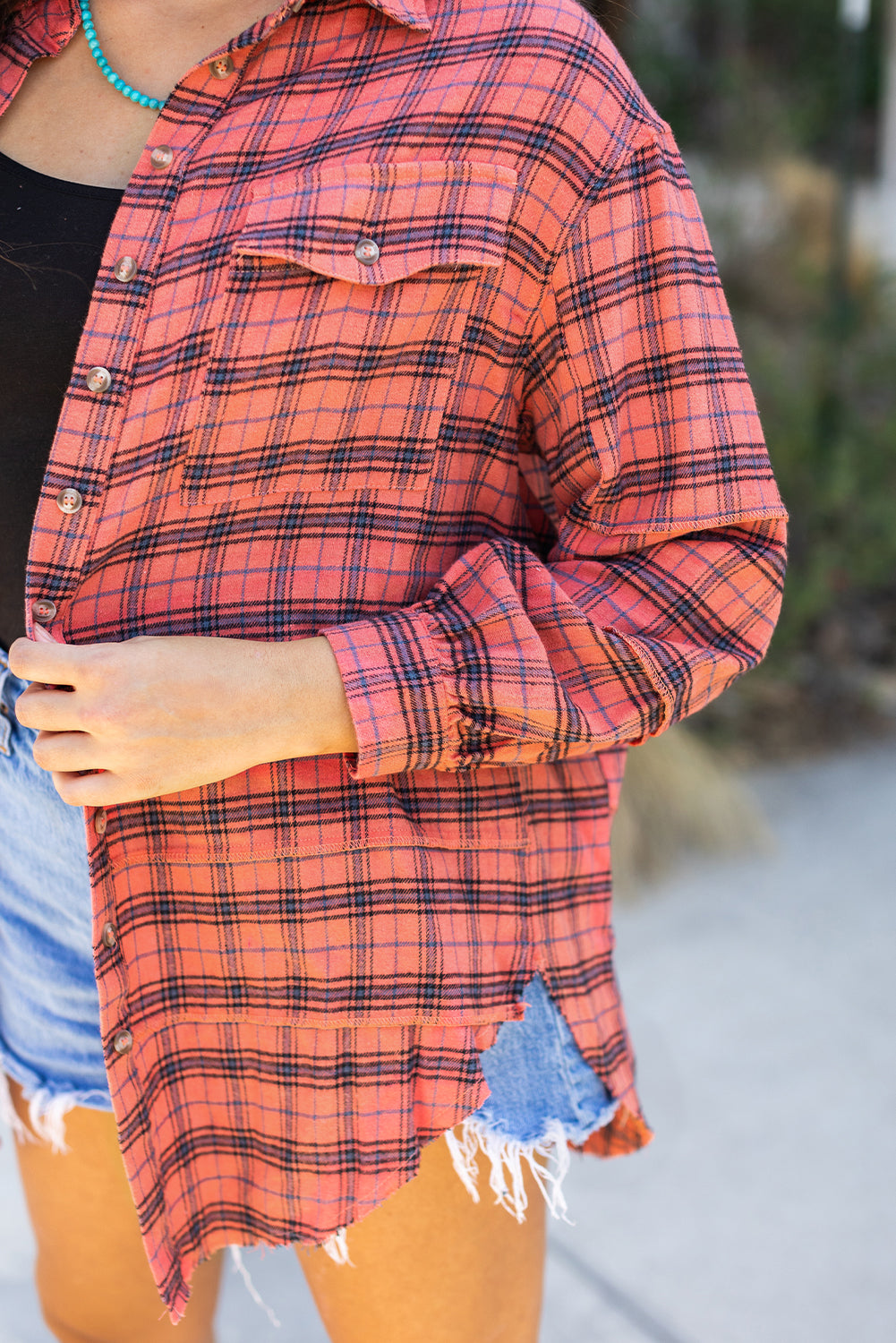Green Plaid Long Sleeeve Side Split Distressed Hem Shirt