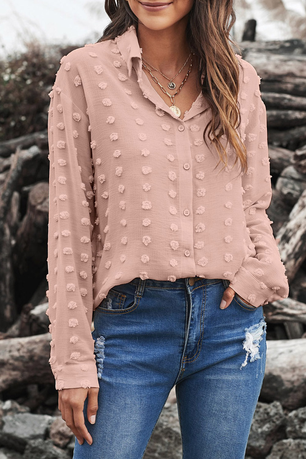 Gray Long Sleeve Button Fuzzy Polka Dot Shirt