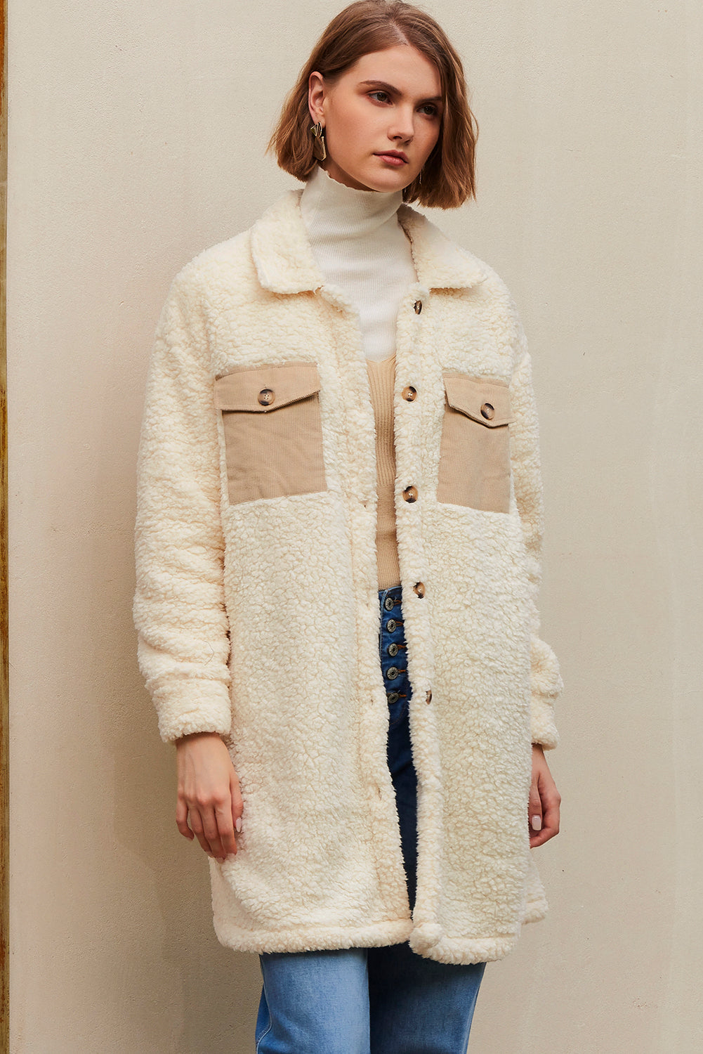 Khaki Contrast Flap Pocket Single Breasted Teddy Coat