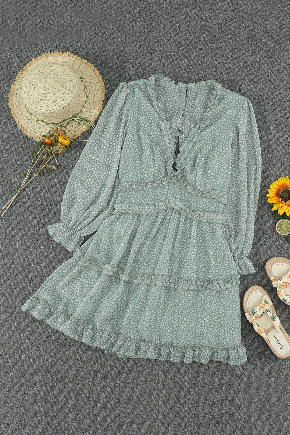 Blue Ruffle Detailing Open Back Floral Dress