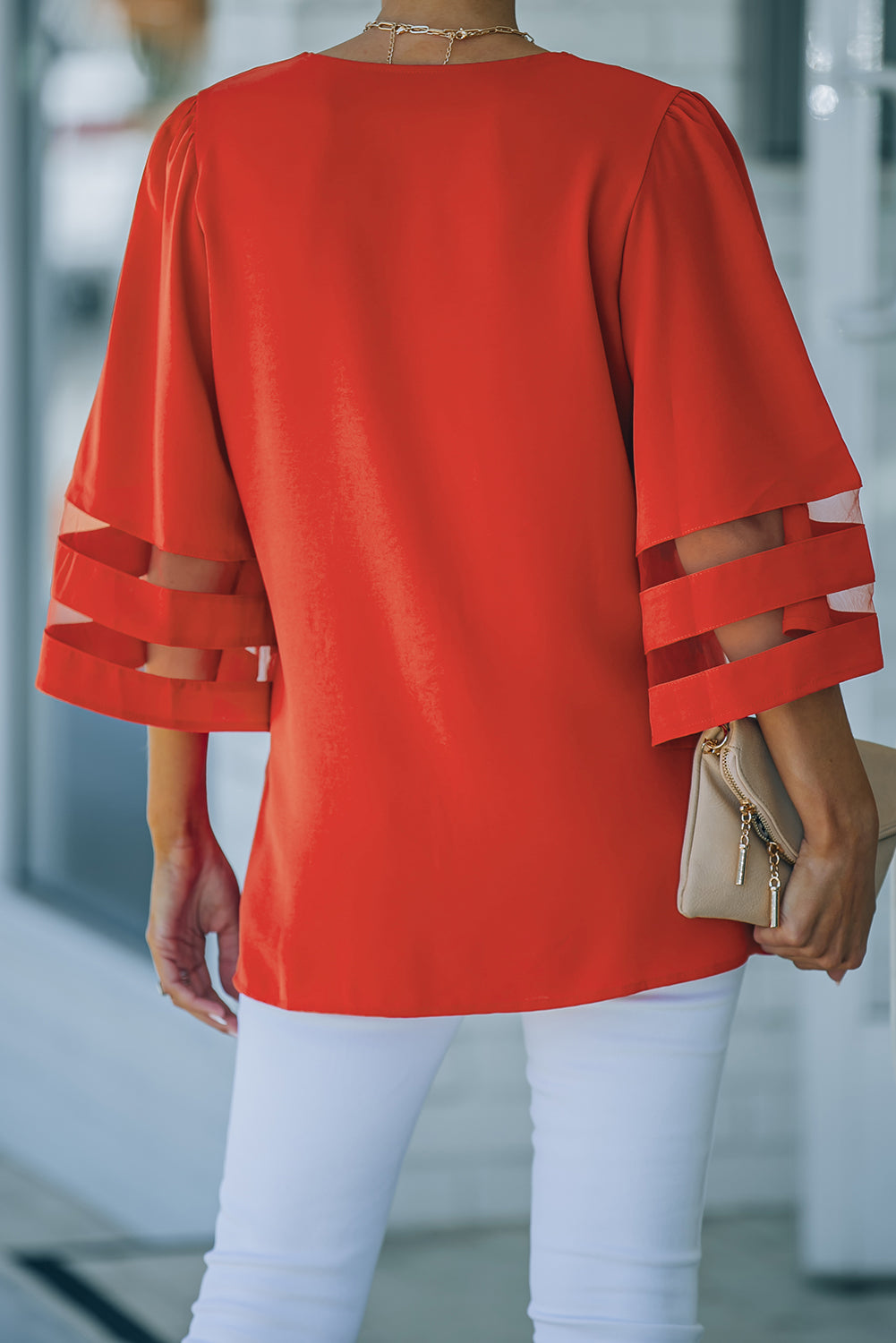 Green Flare Sleeve V Neck Loose Blouse