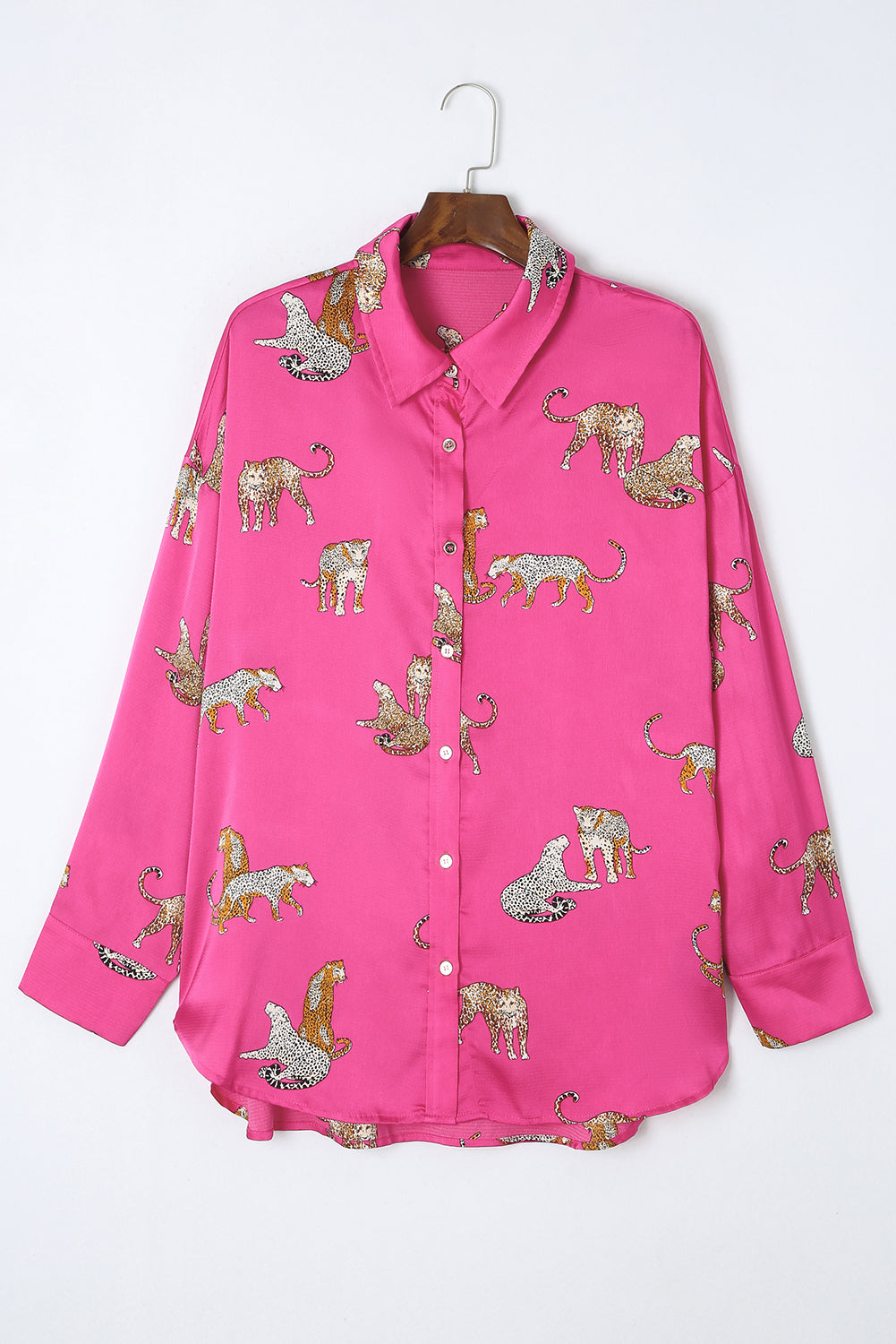 Russet Orange Cheetah Animal Print Button Up Satin Shirt