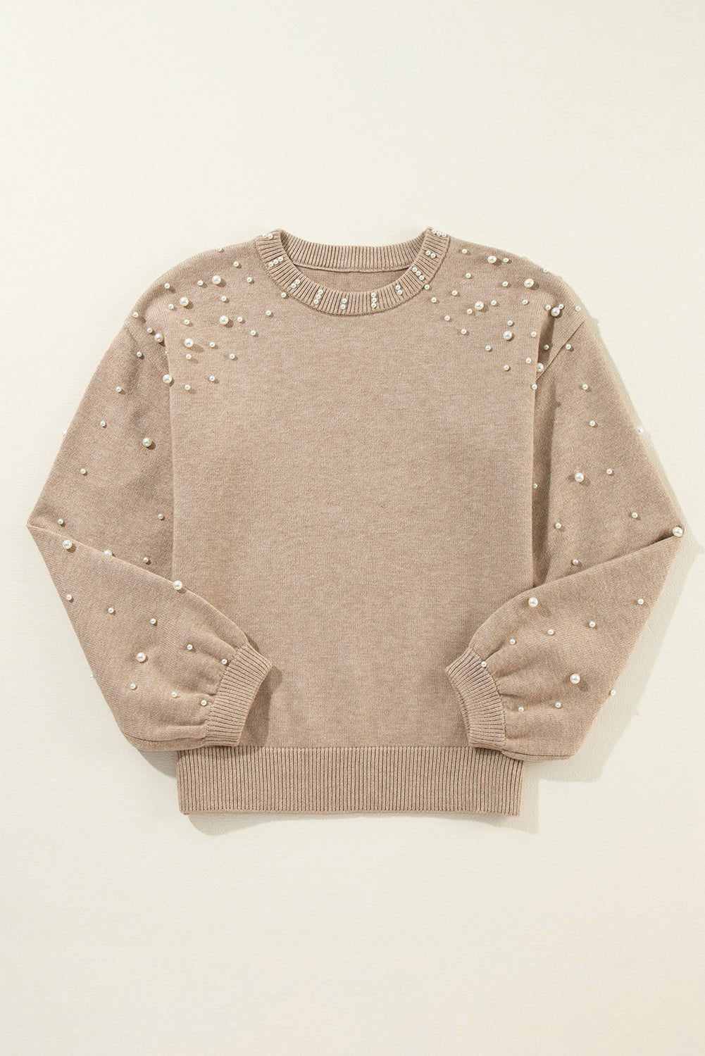 Light Grey Pearled Drop Shoulder Round Neck Sweater