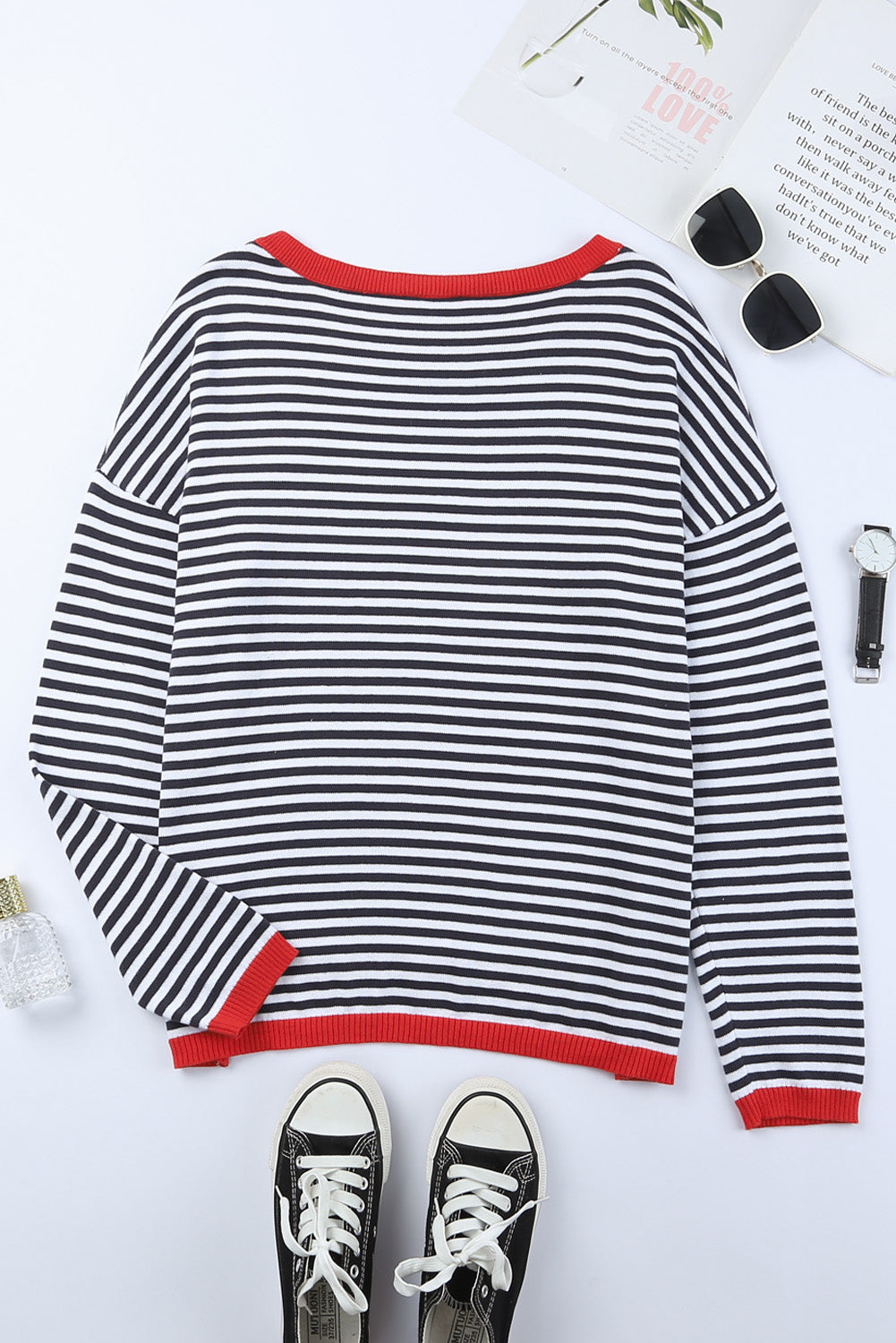 Fiery Red Contrast Trimmed Striped Drop Shoulder Sweater