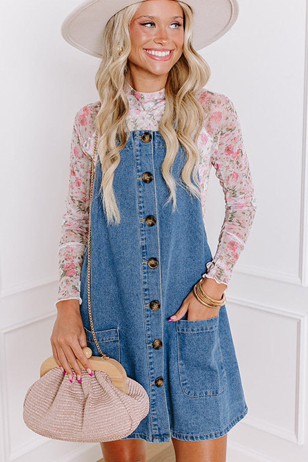 Beau Blue Wide Strap Button Front Pocketed Denim Mini Dress