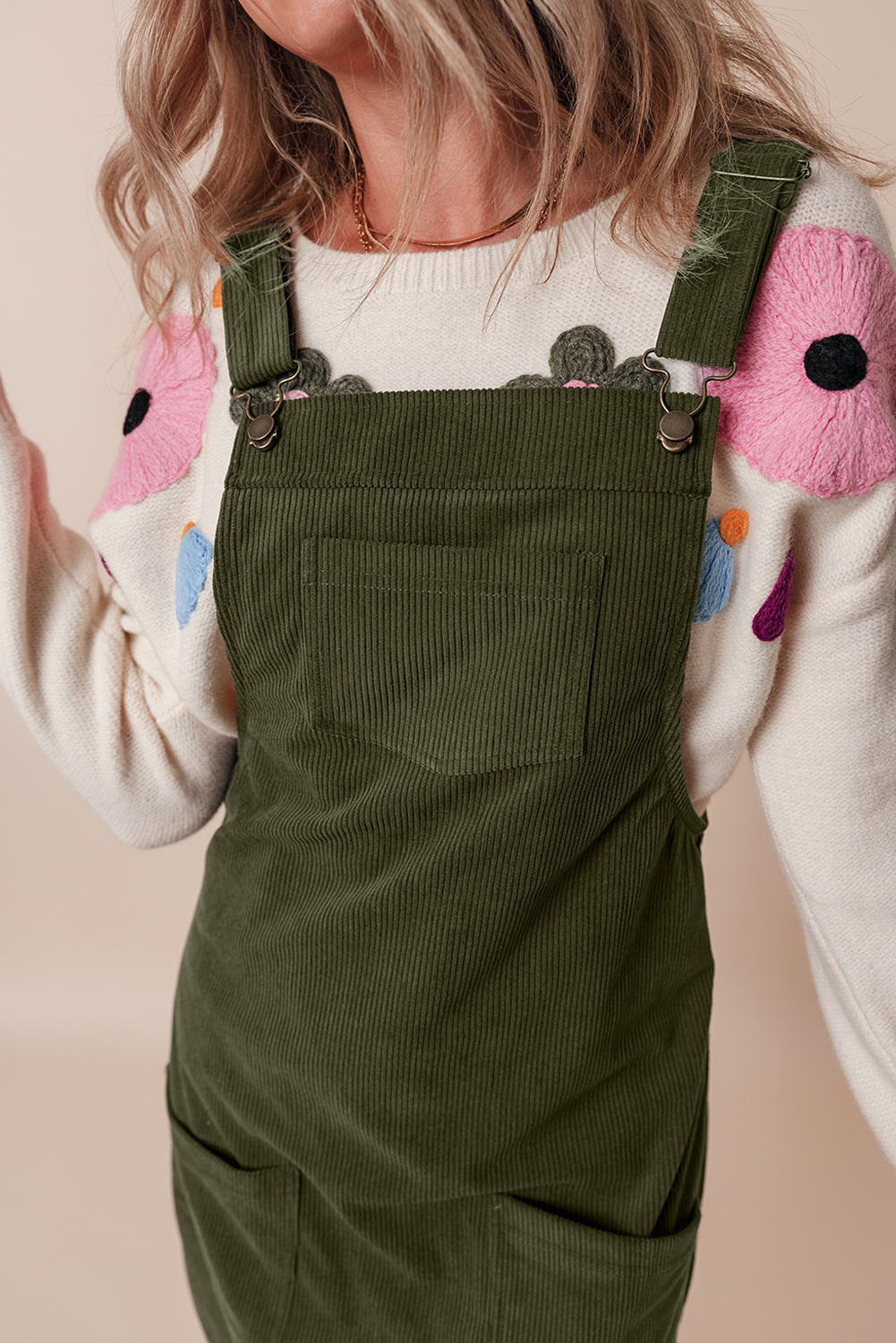 Black Solid Front Pockets Sleeveless Corduroy Overall Dress