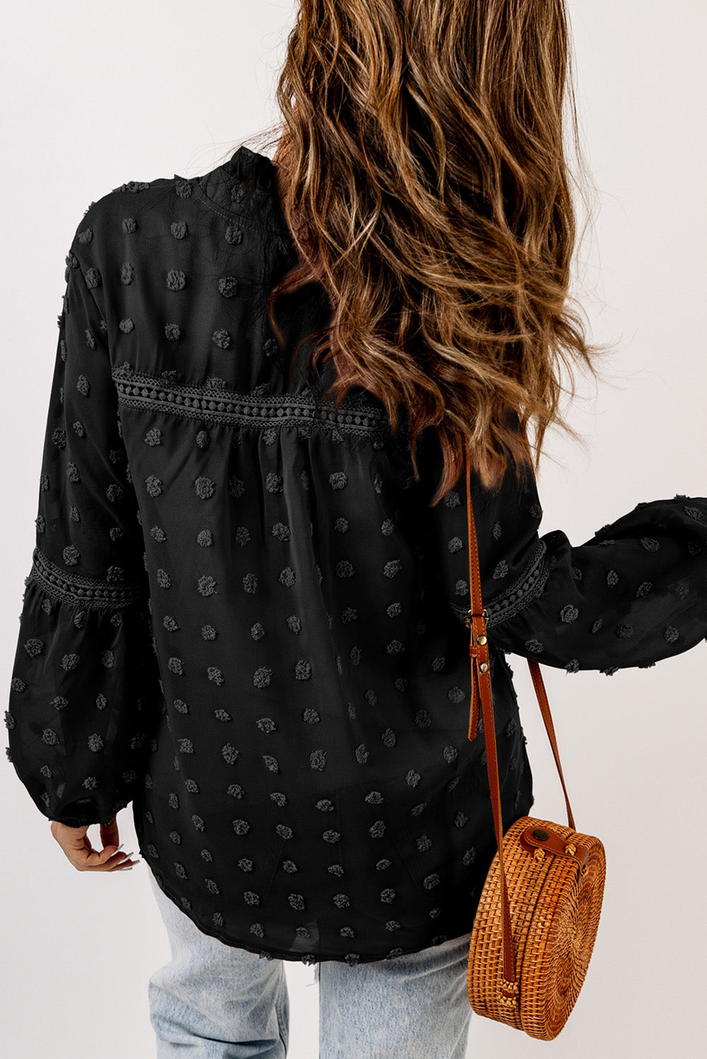 Blue Ruffled Split Neck Lace Hollow Out Puff Sleeve Polka Dot Blouse