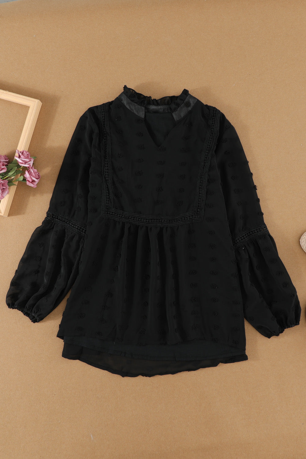 Blue Ruffled Split Neck Lace Hollow Out Puff Sleeve Polka Dot Blouse