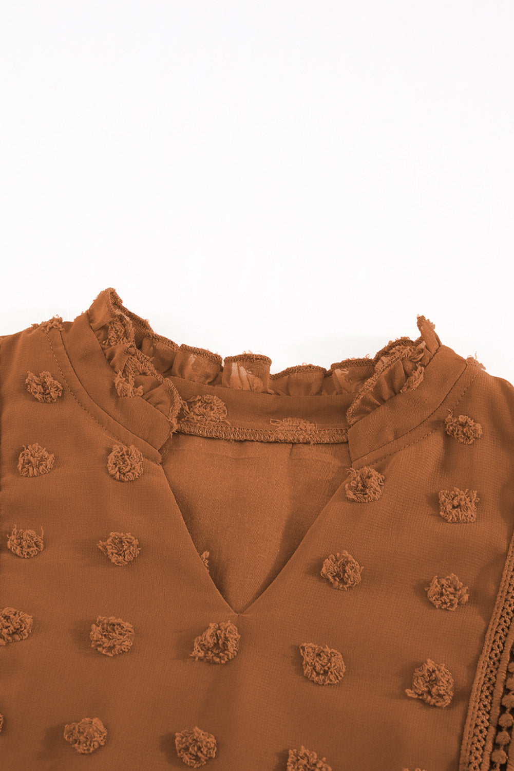 Blue Ruffled Split Neck Lace Hollow Out Puff Sleeve Polka Dot Blouse