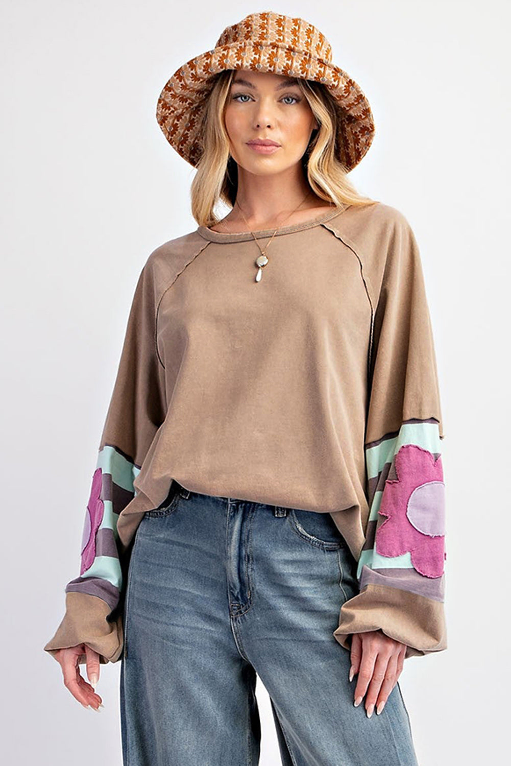 Sail Blue Flower Patchwork Raglan Sleeve Exposed Seam Oversized Top
