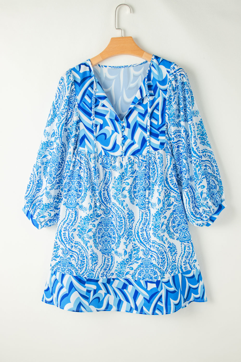 Orange Bohemian Print Puff Sleeve Tied V Neck Flared Mini Dress