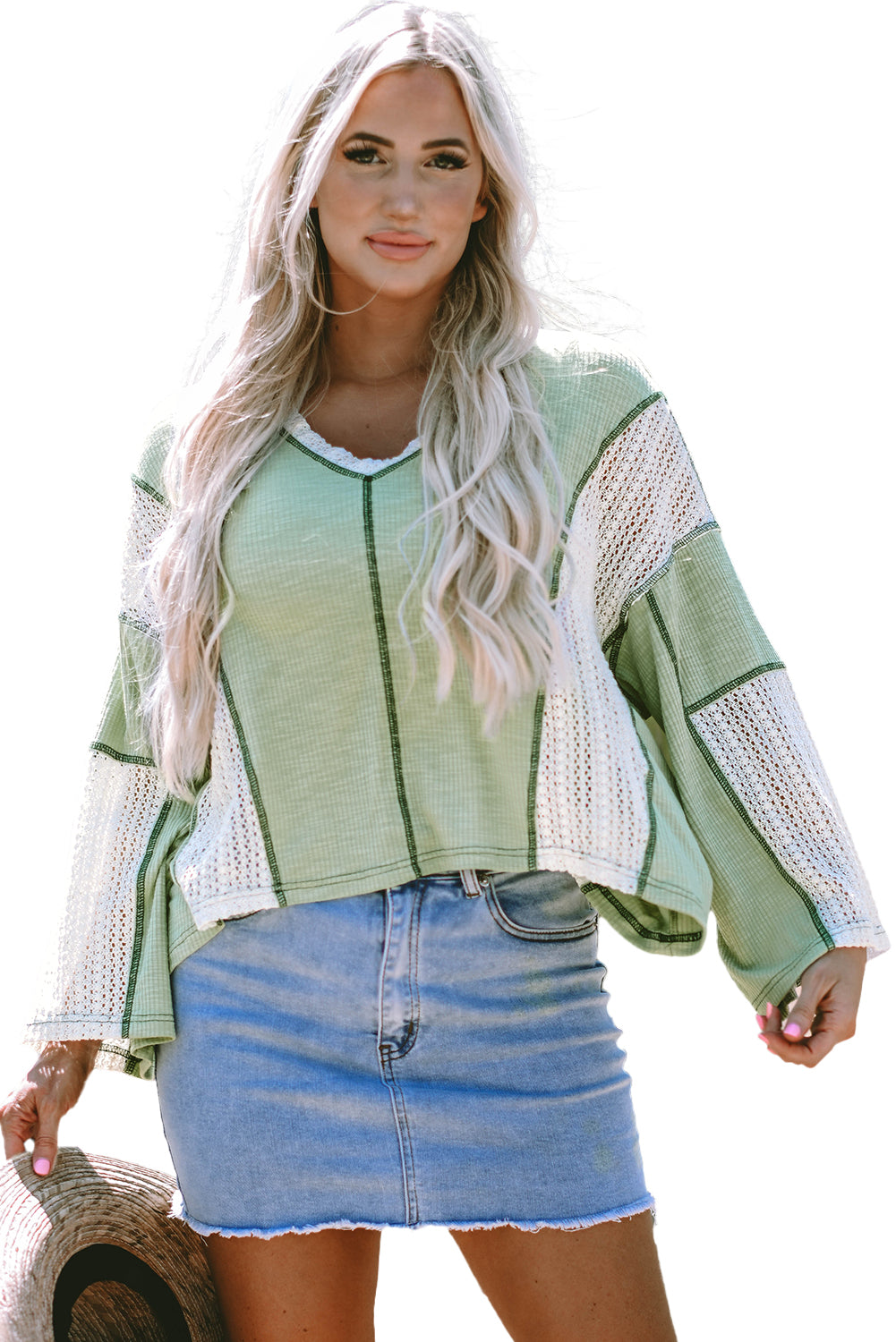 Parchment Crochet Detail Exposed Seam High Low Loose Top