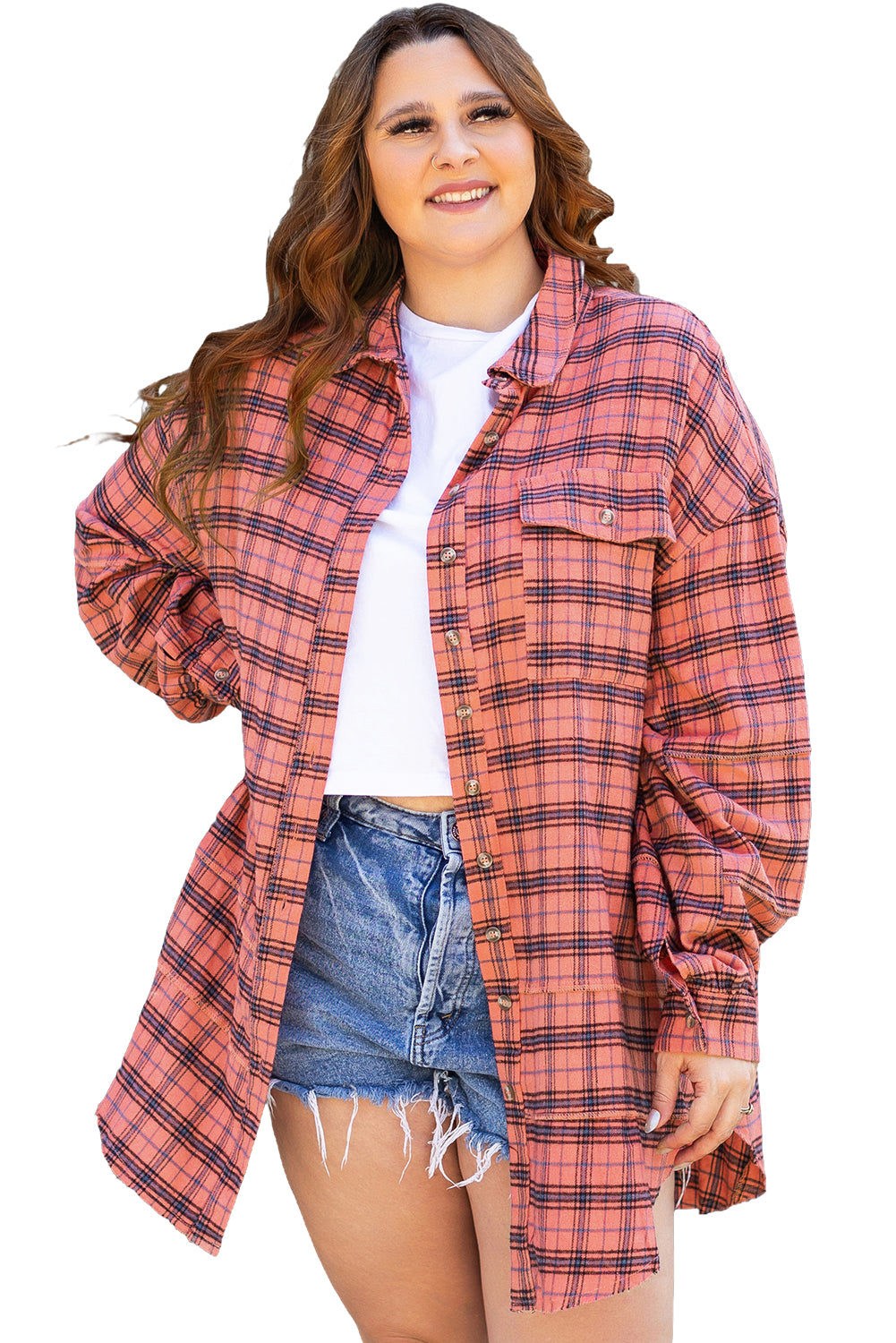 Green Plaid Long Sleeeve Side Split Distressed Hem Shirt