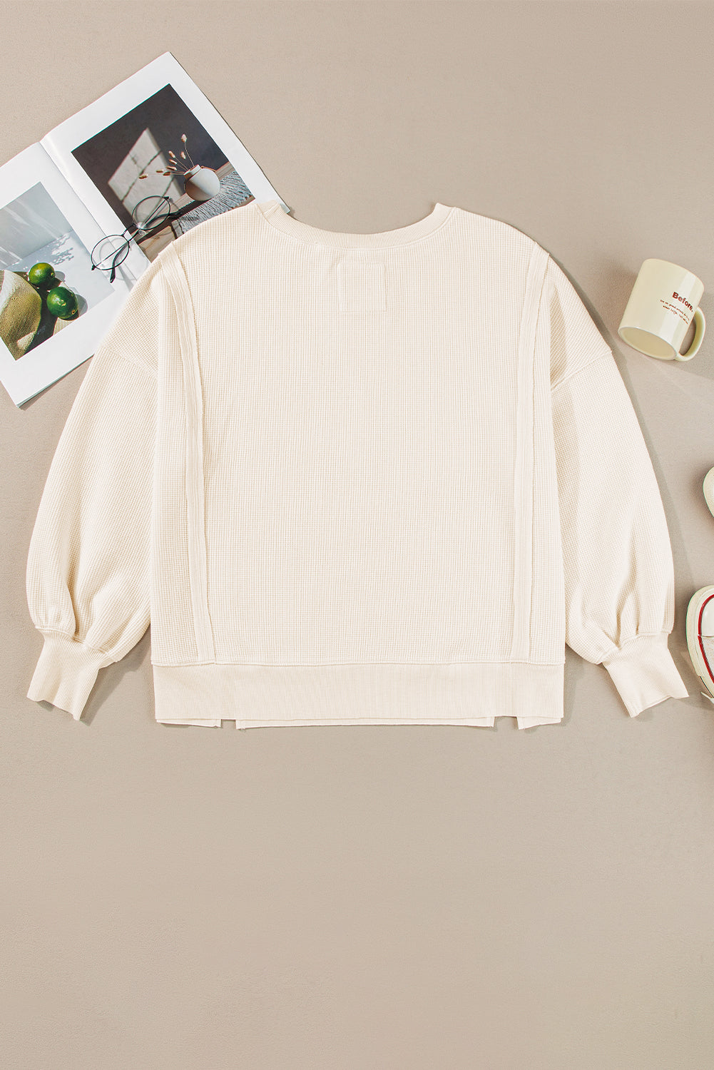 Gray Waffle knit Bishop Sleeve Split Oversized Top
