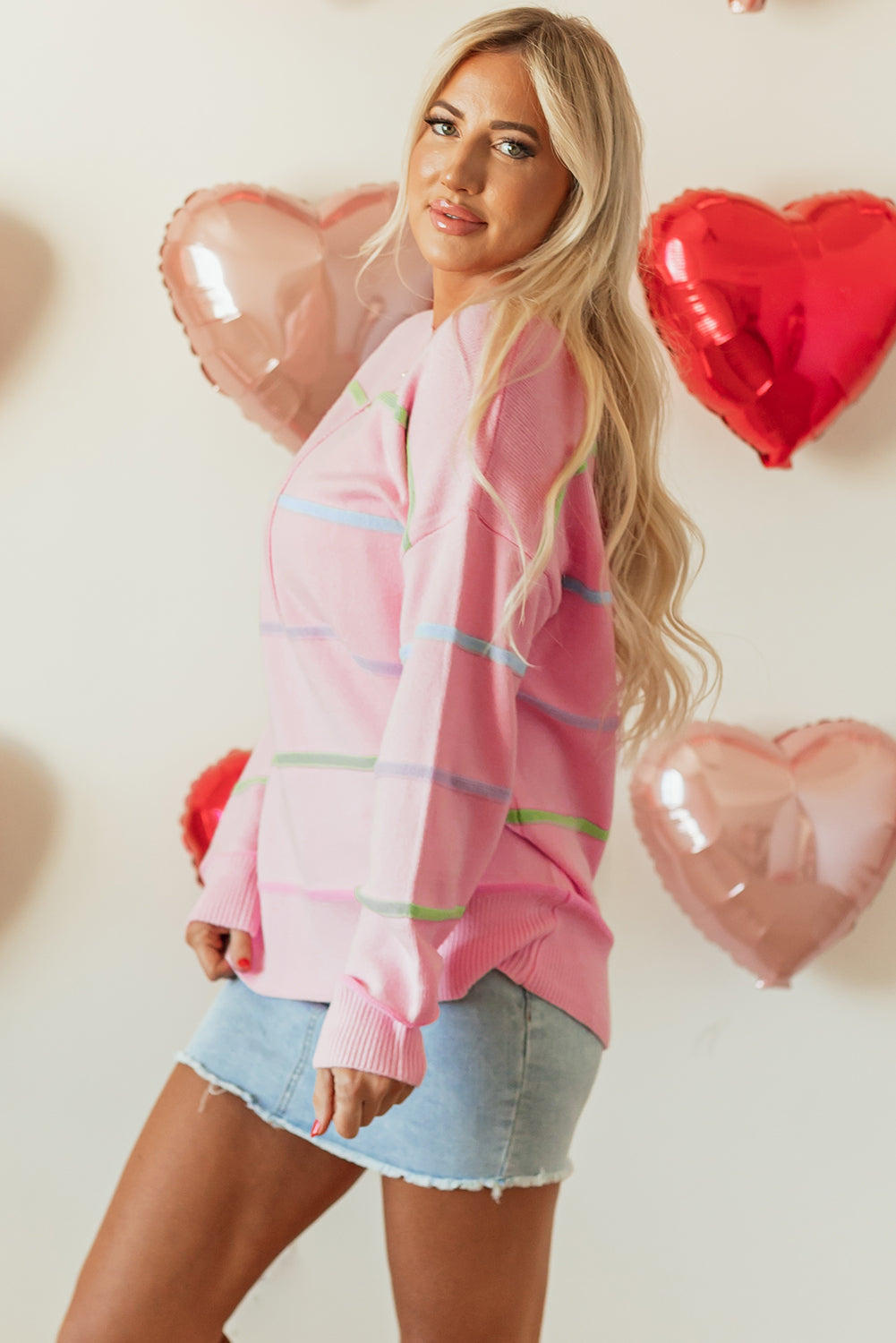White Rainbow Stripes Drop Shoulder Baggy Henley Sweater