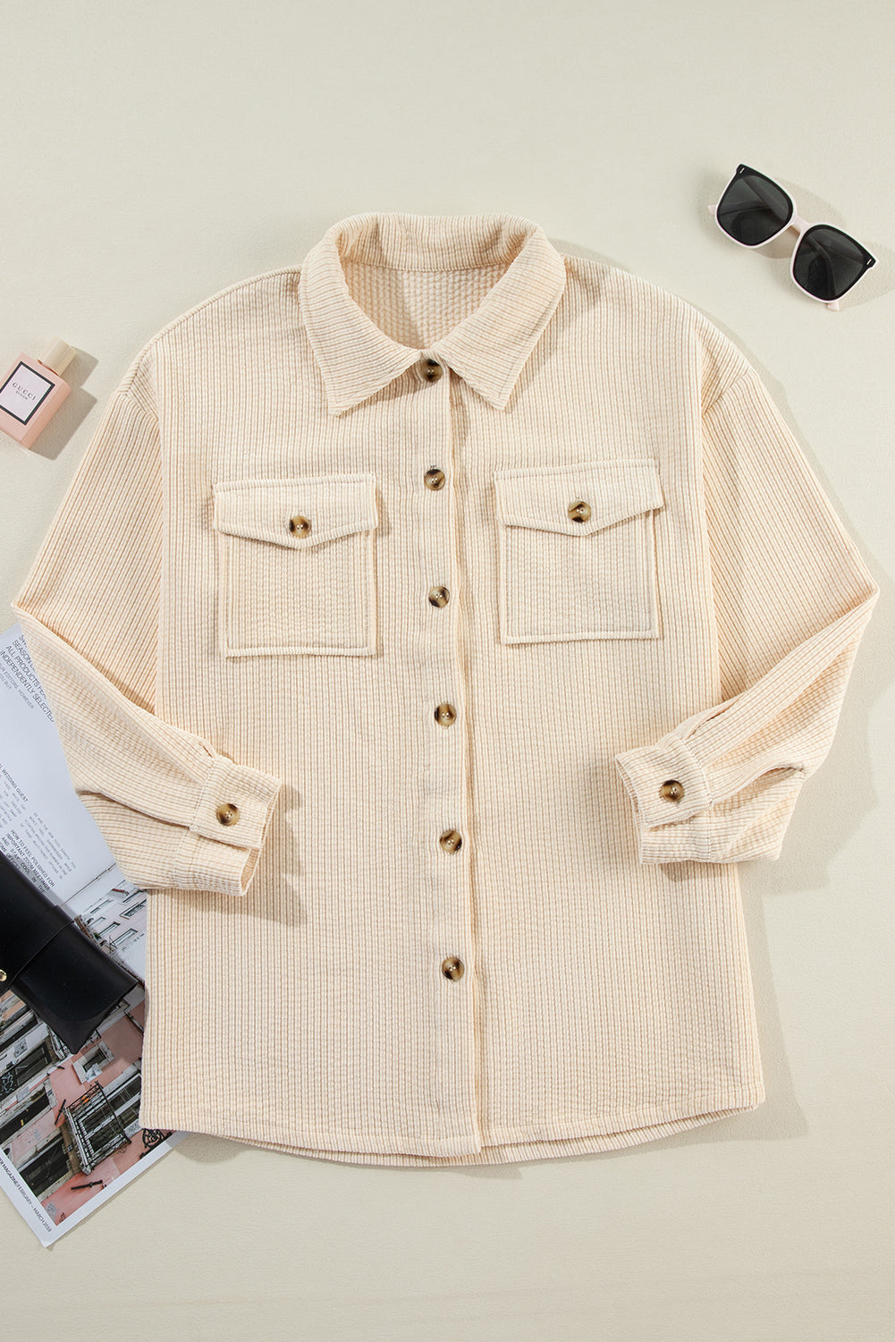 Black Corduroy Flap Pocket Button Up Shacket