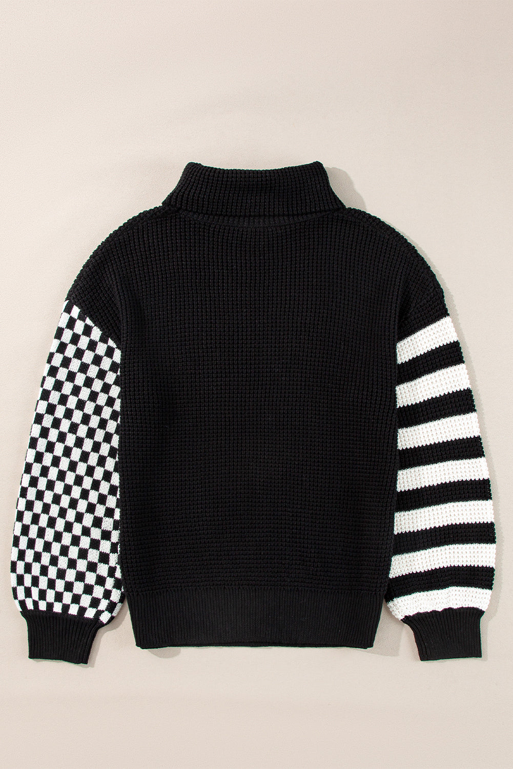 Smoke Gray Striped Plaid Patchwork Waffle Knit Turtleneck Sweater