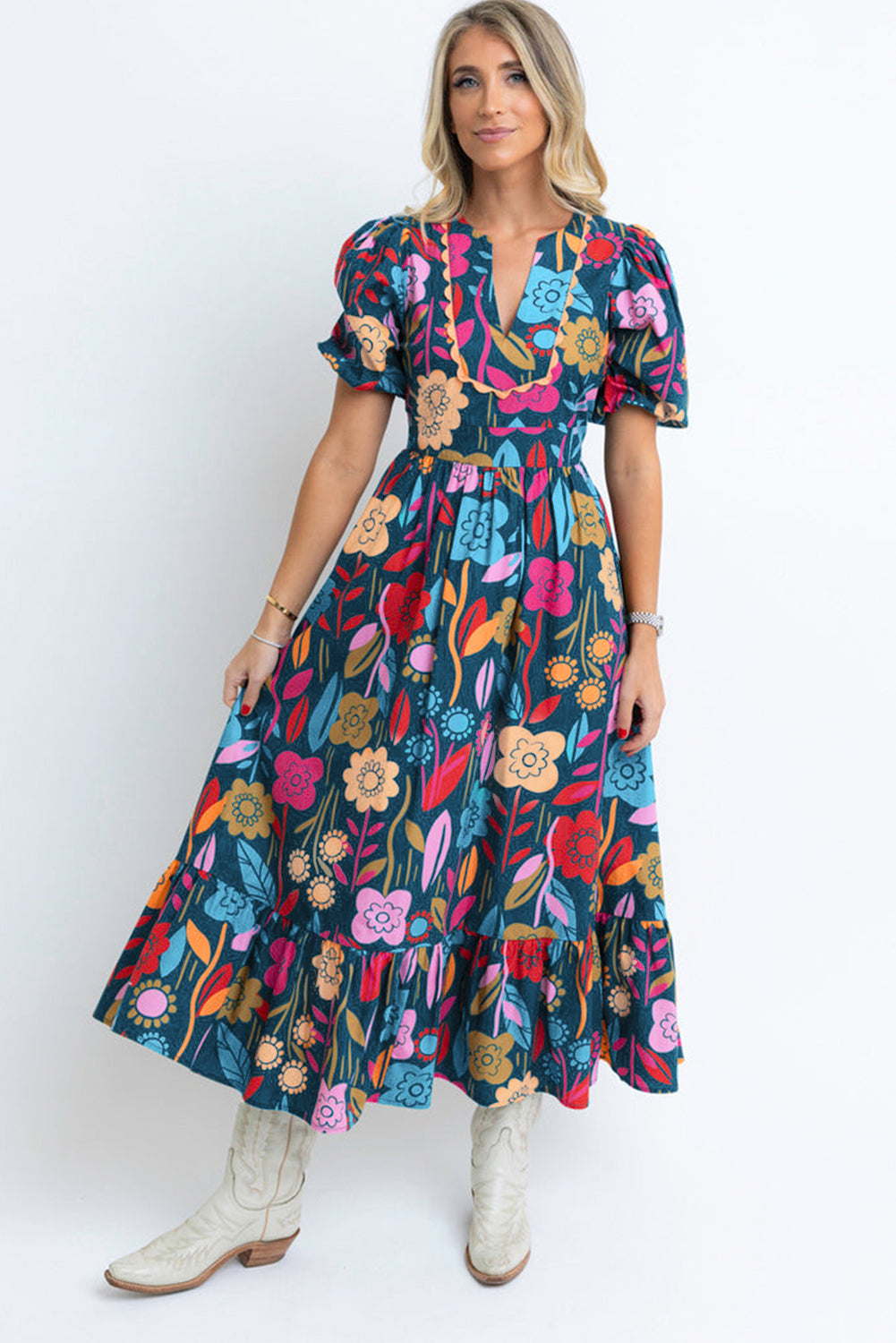 Black Retro Floral Printed Split Neck Maxi Dress