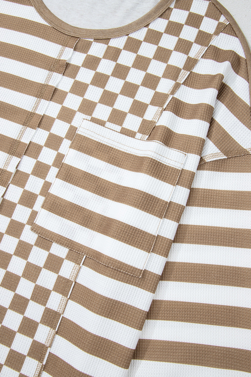 Rose Red Checkerboard Striped Patchwork Lantern Sleeve Pocketed Blouse