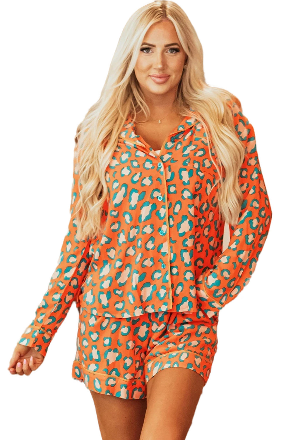 Pink Leopard Print Long Sleeve Shirt and Shorts Pajama Set