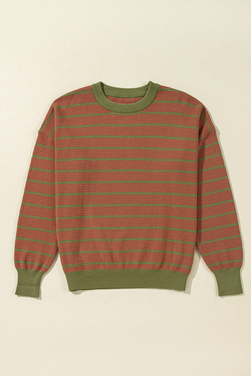 Pink Stripe Trimmed Round Neck Drop Shoulder Loose Sweater