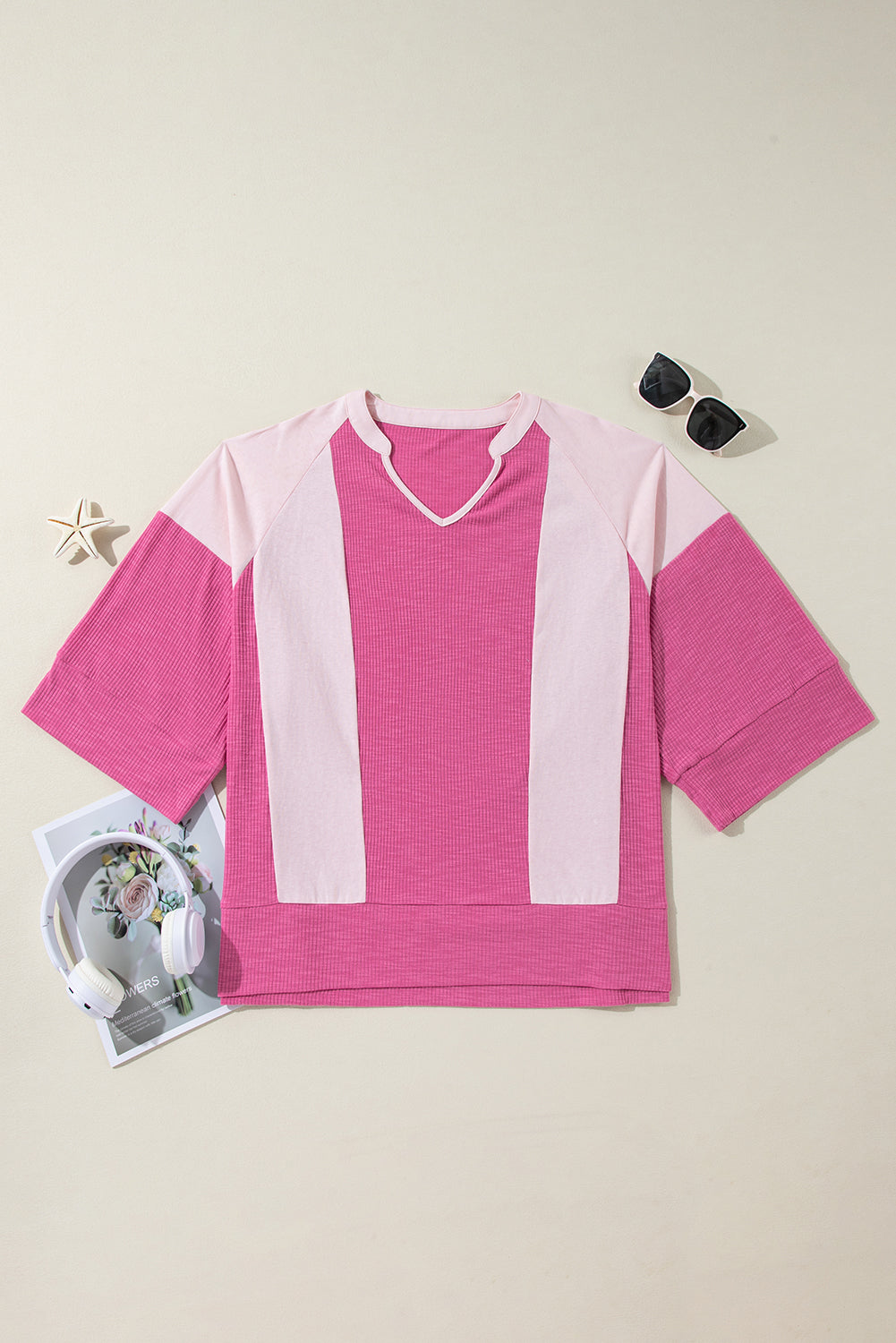 Straw Yellow Textured Colorblock 3/4 Sleeve Oversize Top