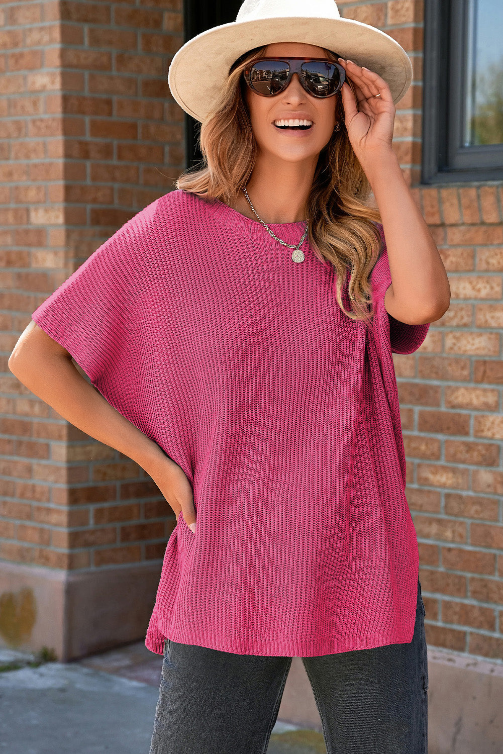Haze Blue Short Sleeve Side Slit Oversized Sweater