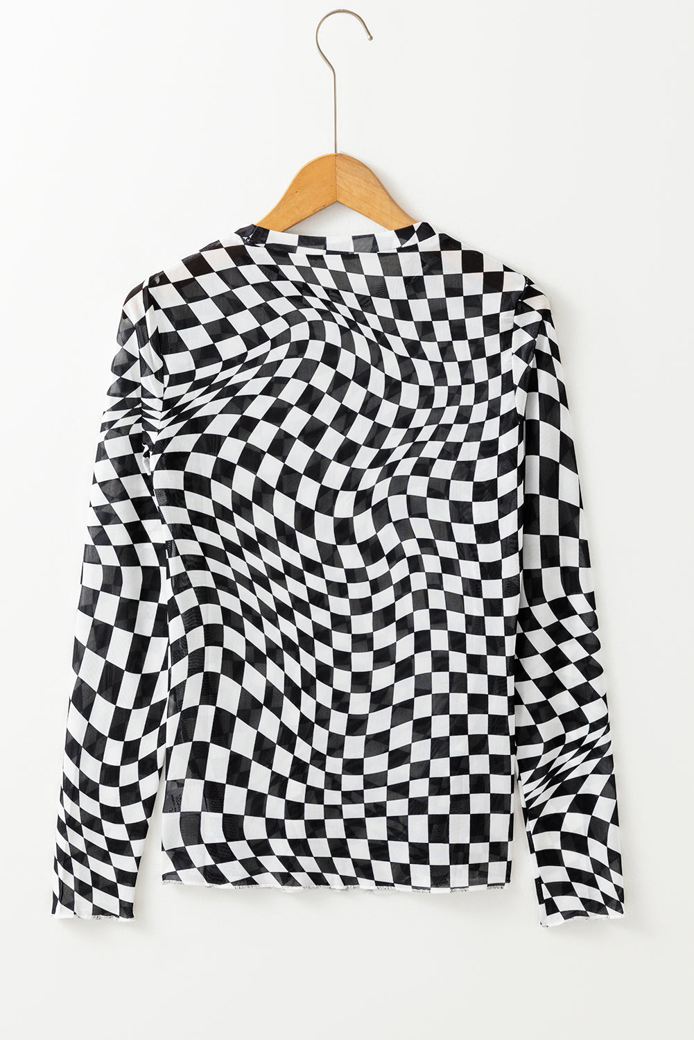 Khaki Checkered Pattern Mesh Mock Neck Long Sleeve Top