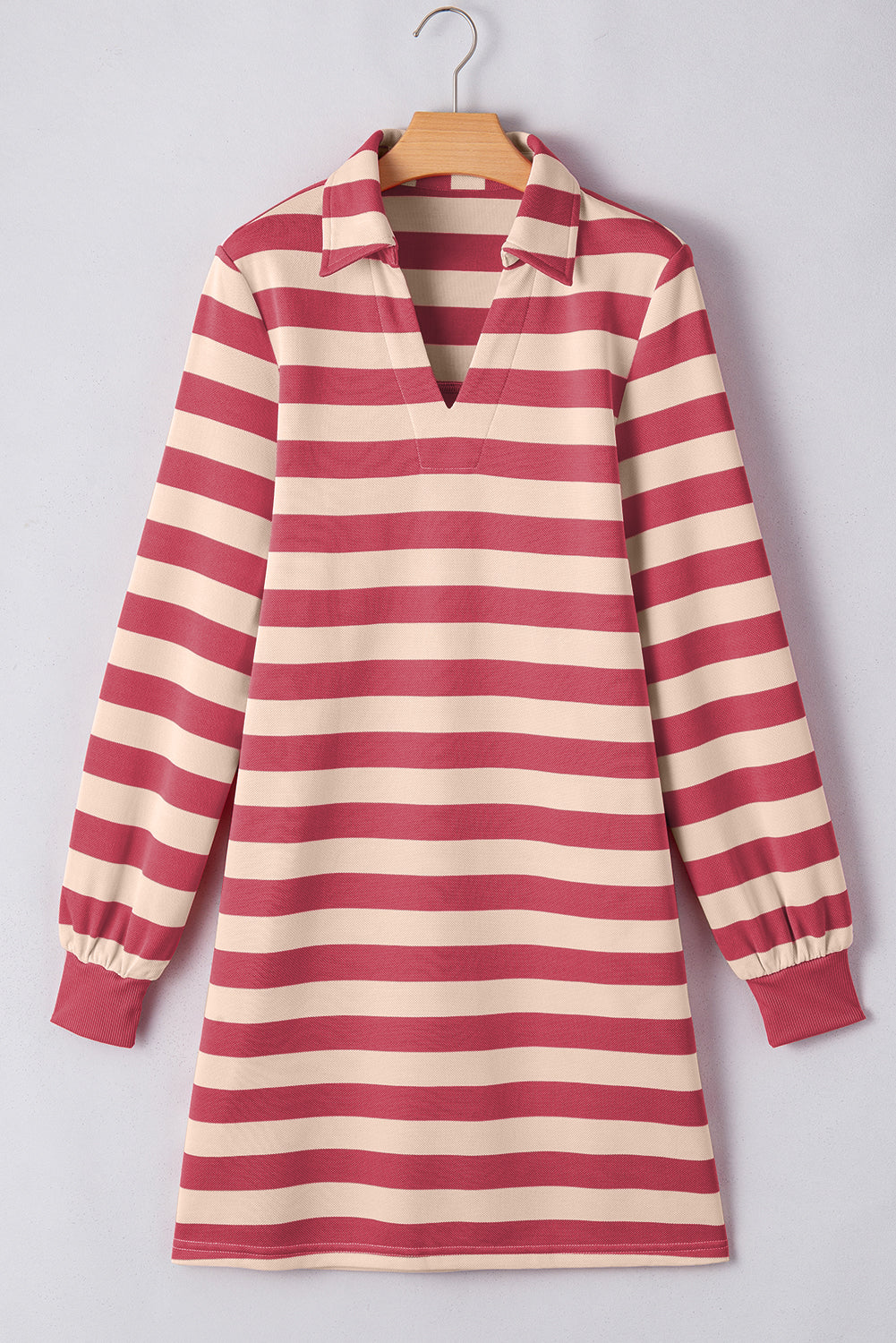Black Stripe Collared V Neck Long Sleeve Loose Casual Dress