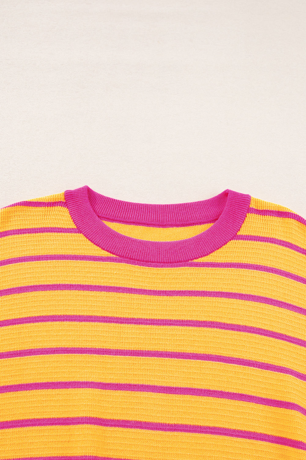 Pink Stripe Trimmed Round Neck Drop Shoulder Loose Sweater