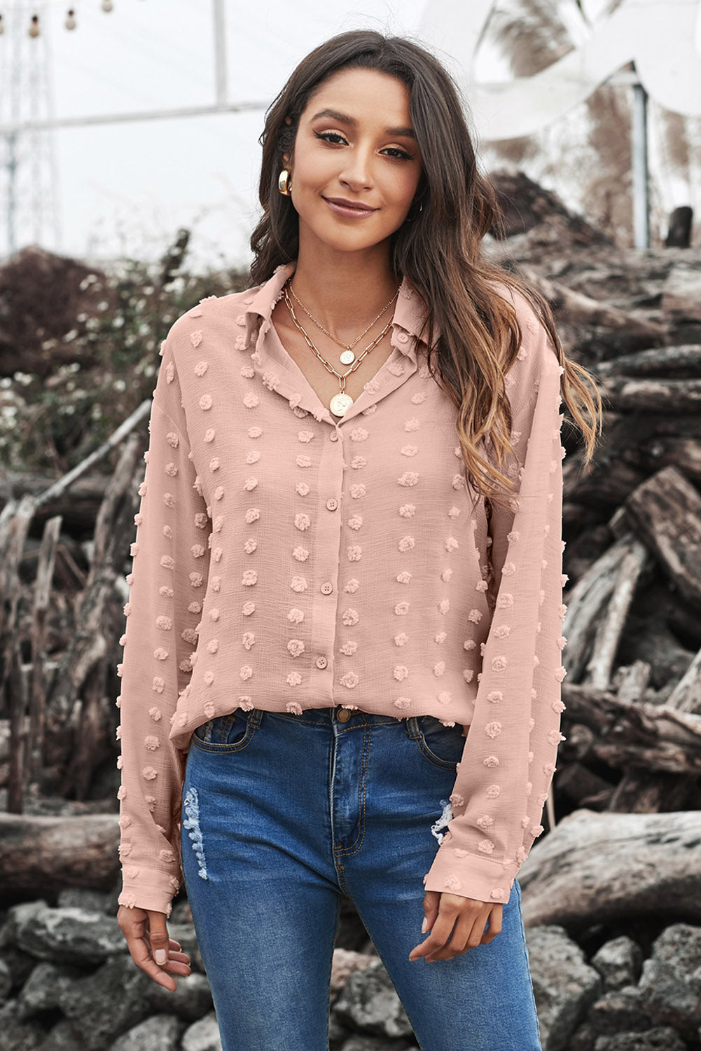 Gray Long Sleeve Button Fuzzy Polka Dot Shirt