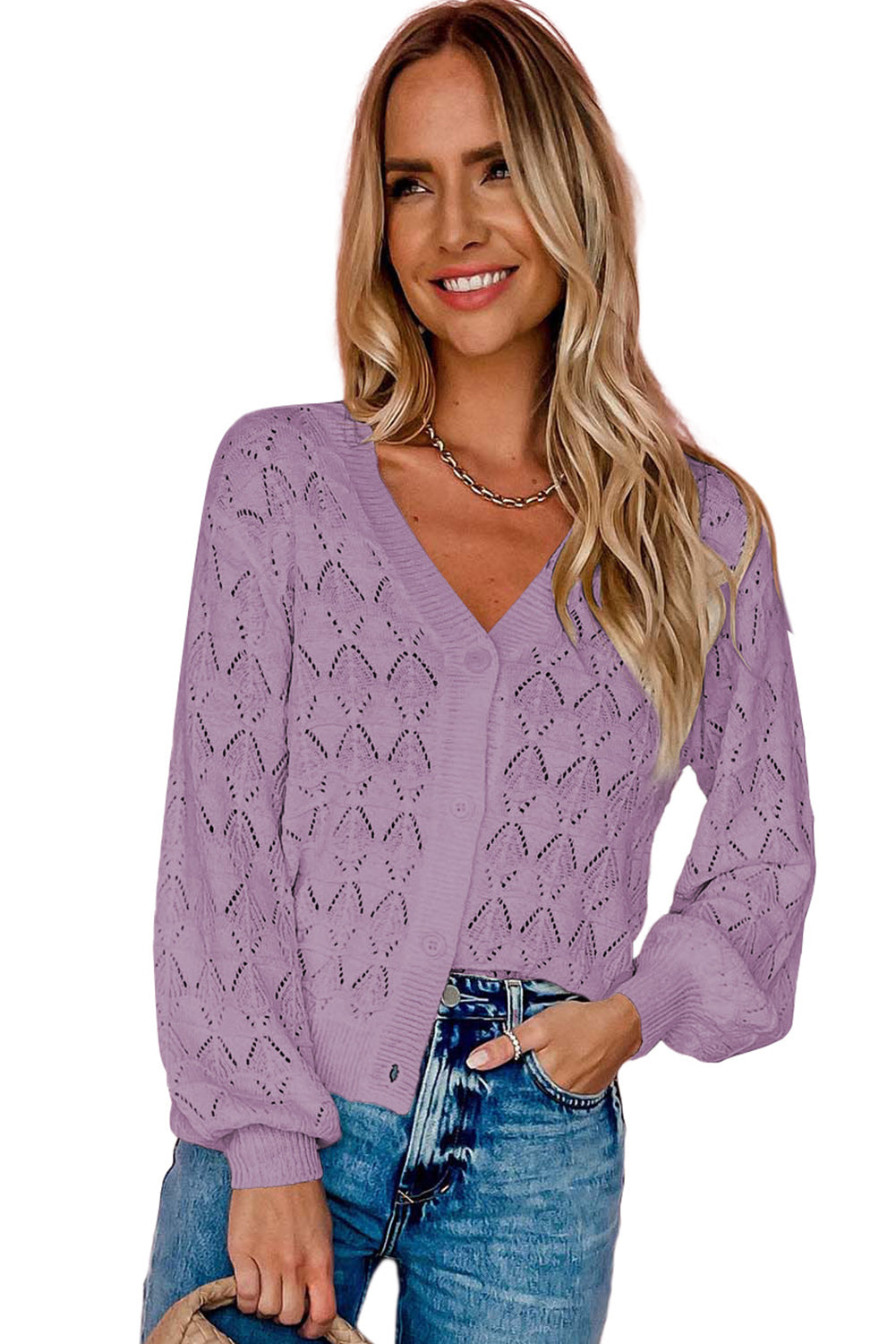 Blue Lightweight Buttoned Front Crochet Cardigan