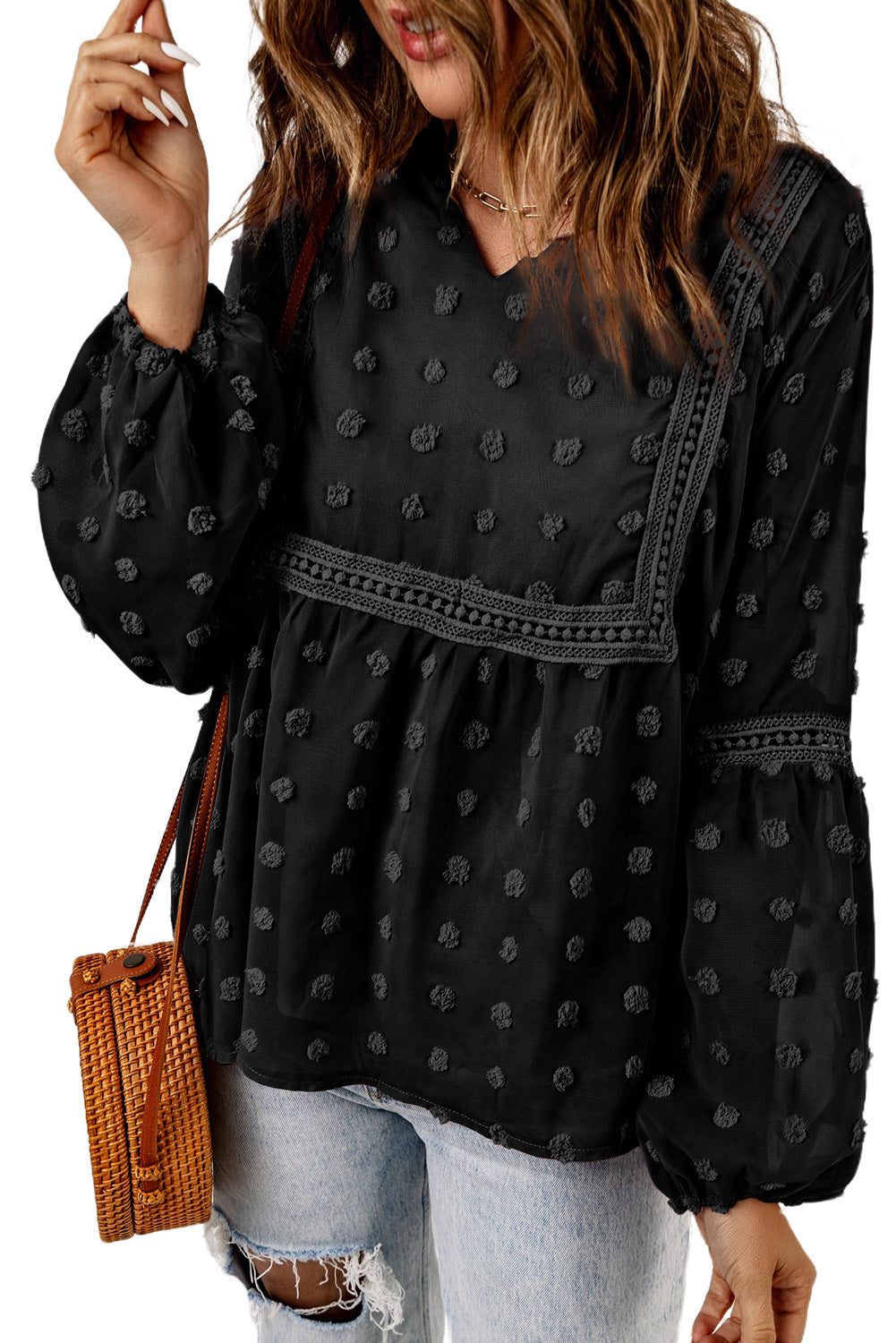 Blue Ruffled Split Neck Lace Hollow Out Puff Sleeve Polka Dot Blouse