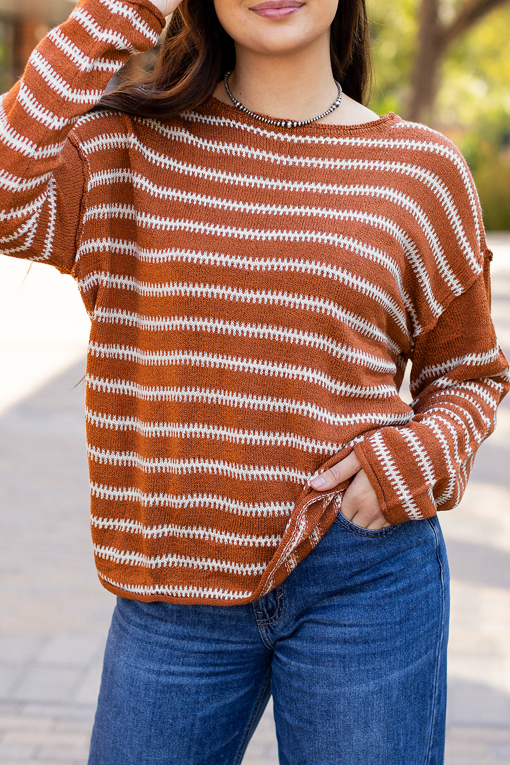 Khaki Stripe Drop Shoulder Casual Sweater